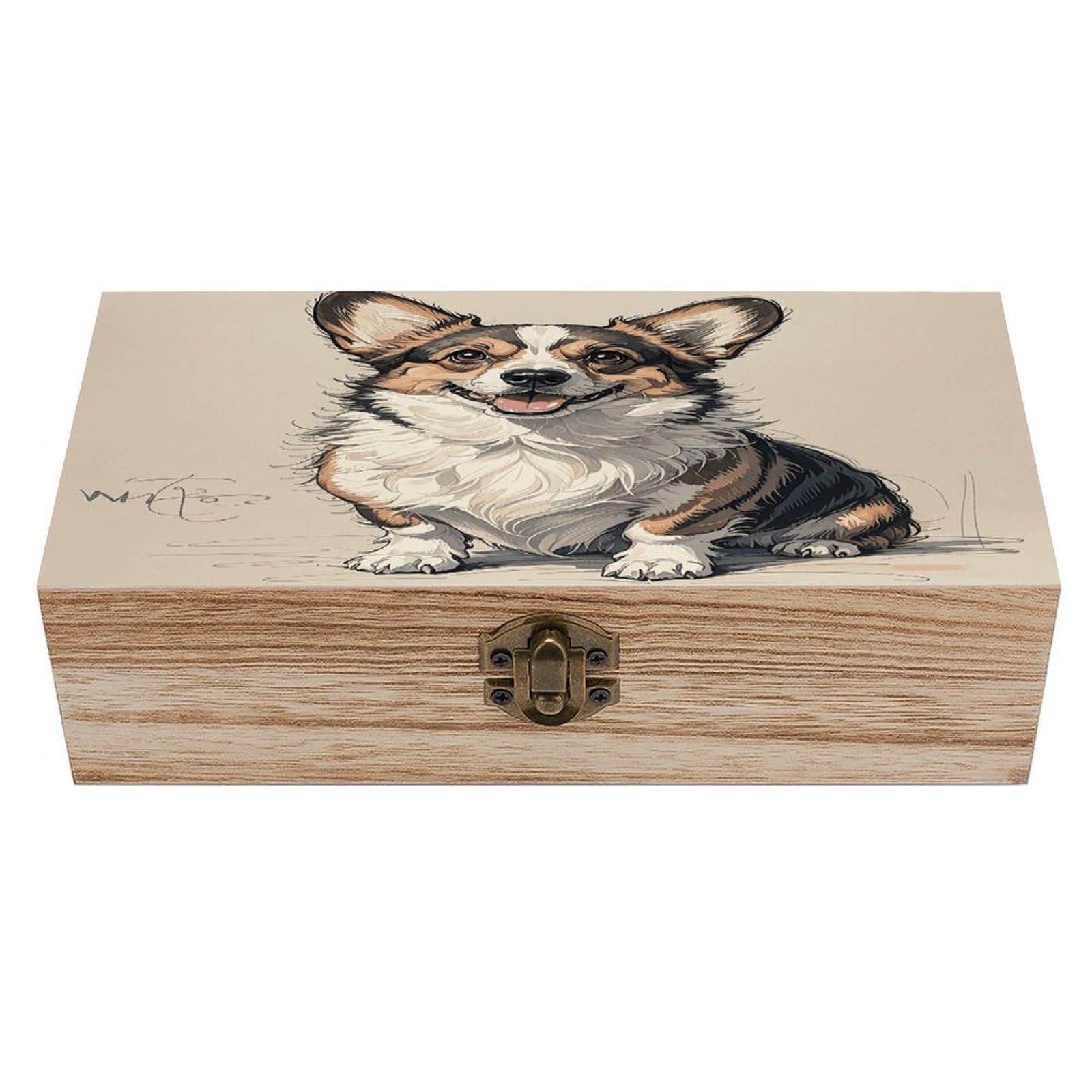asbwuo Hand Drawn Sketch Corgi Wood Keepsake Box Wooden Box with Hinged Lid
