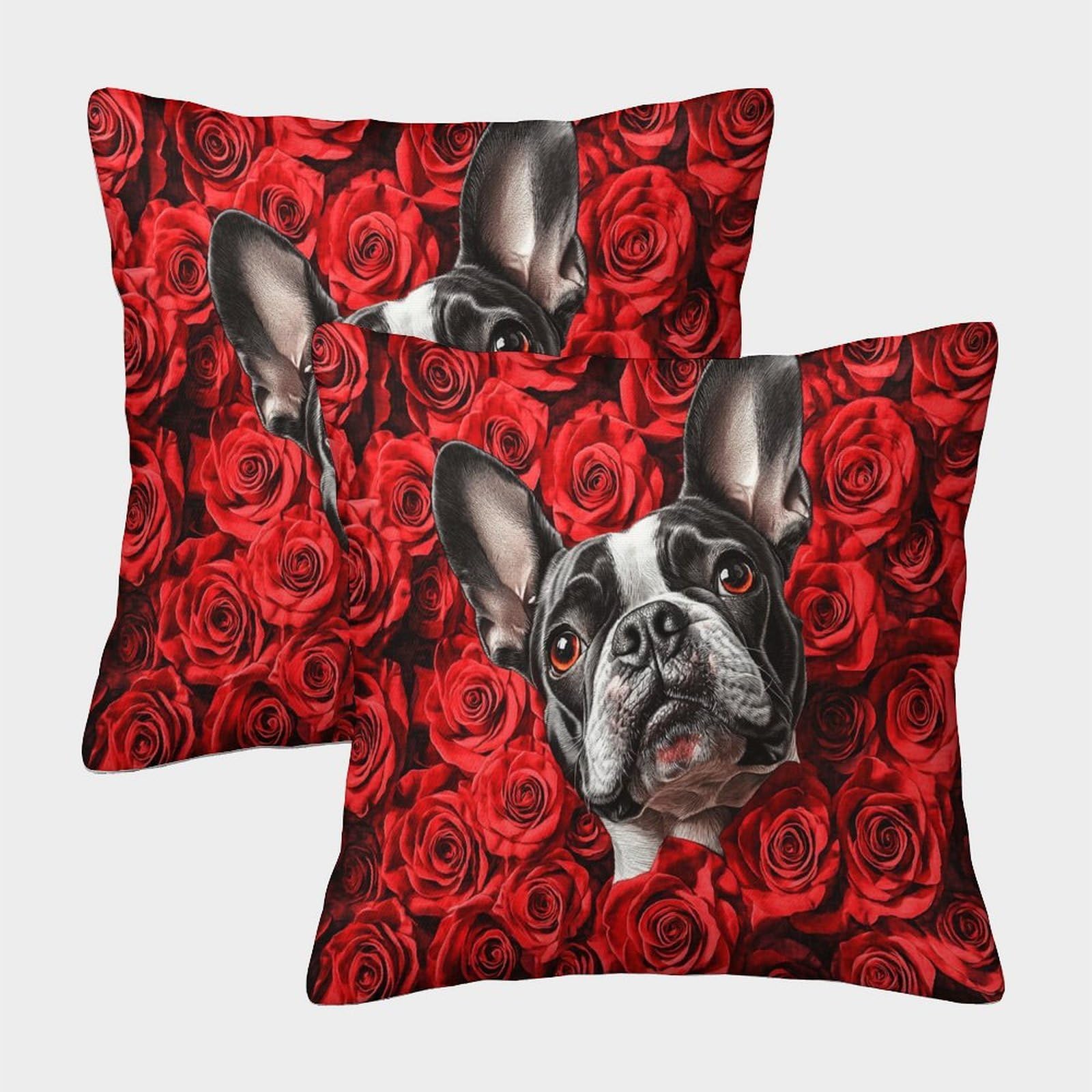 kaiyun 2 Pack Throw Pillowcase 50x50cmBulldog,Big Red Rose Pattern Cushion Cover Home Decoration