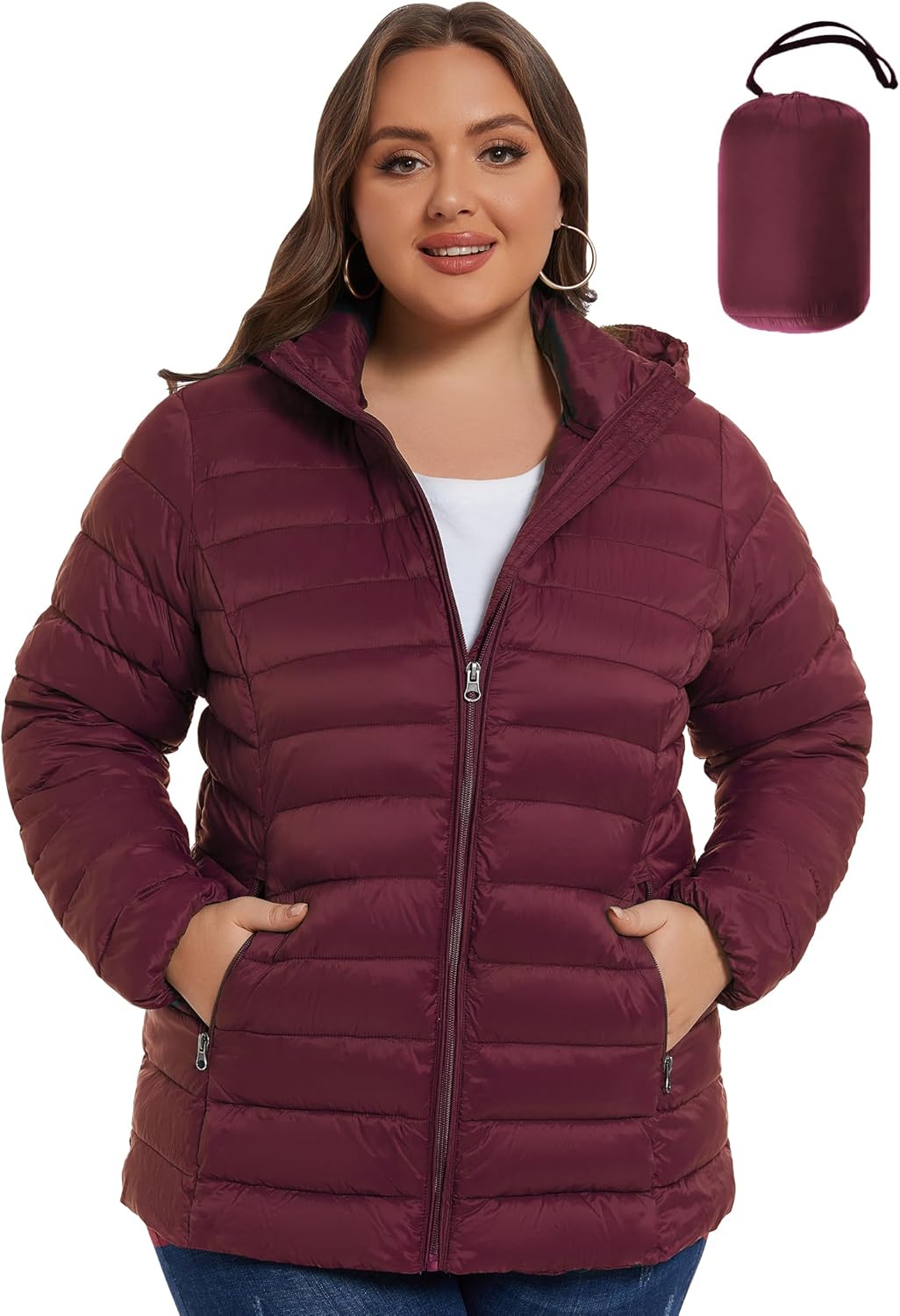 ANOTHER CHOICE Plus Size Packable Puffer Coat for Women, Light Weight Winter Jacket with Hood