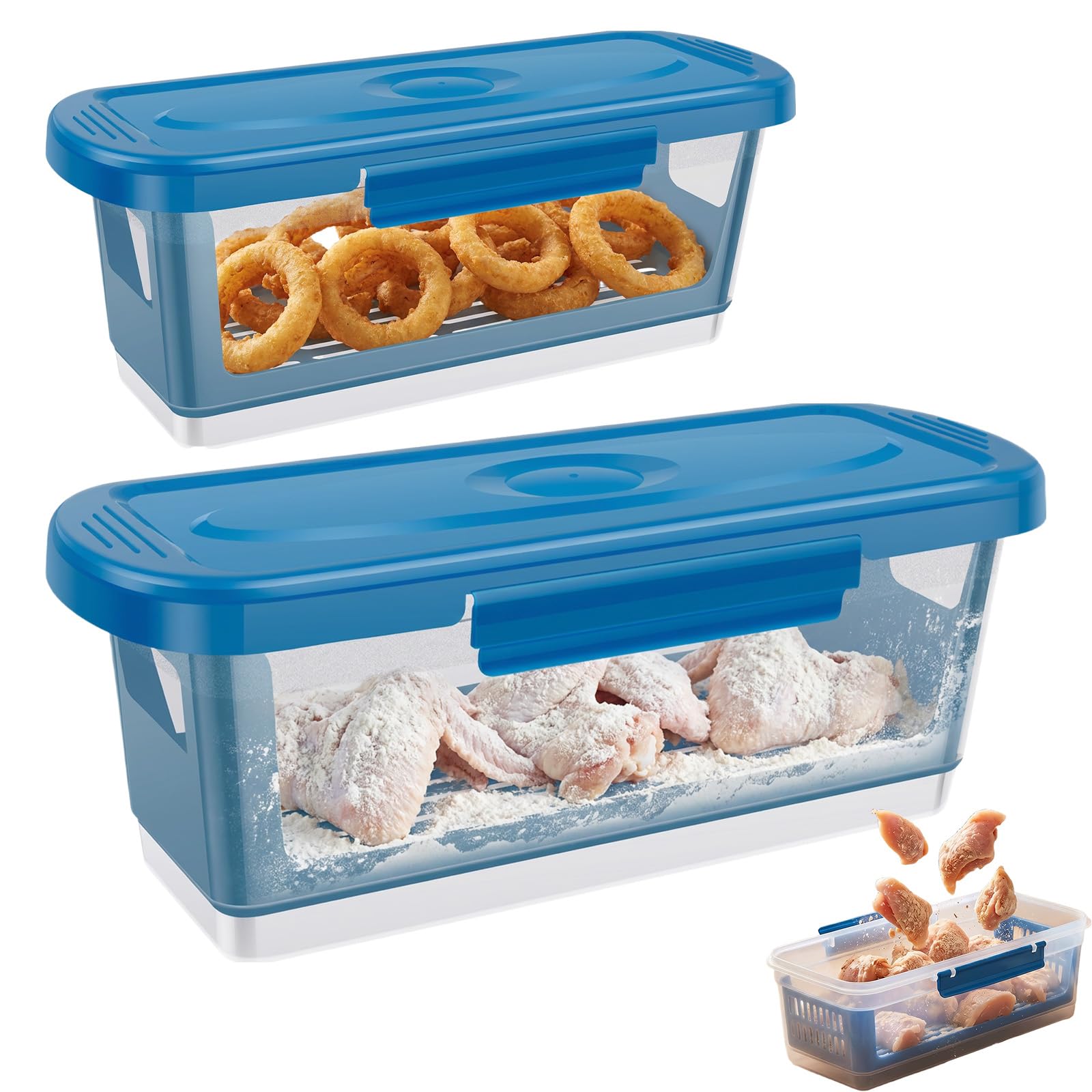 Confezione da 2 ciotole per pastella senza disordine con coperchio, contenitore per farina e pastella con vassoio setaccio, ciotola per impanare pollo fritto, set di preparazione per pasti da cucina