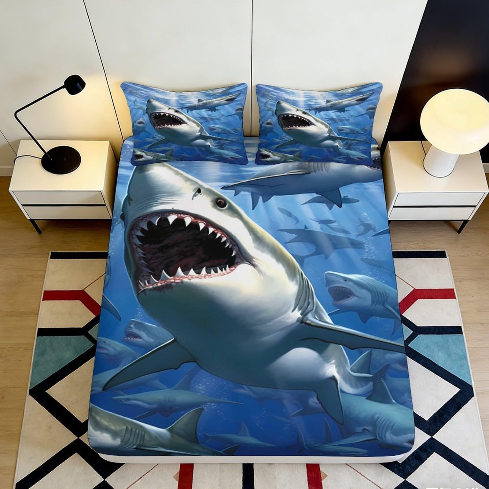 Pnayamiorkfel Style-5 3D Printed Shark Ocean Fitted Sheet Microfiber Soft Blue Sea Predator Bed Cover For Bedroom Guestroom Home Decor 90X200x25cm