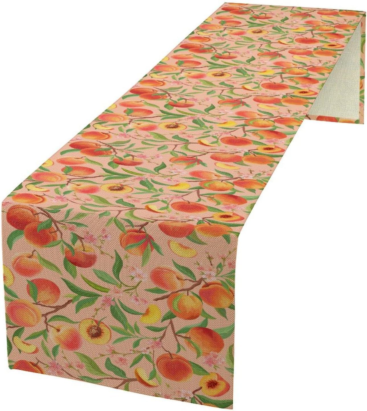 Peach Summer Table Runner Rosy Fruits Verdant Foliage with Blooming Flowers Fresh Home Decor for Farmhouse Indoor Outdoor Party Holiday Dining Kitchen Restaurant Cafe W13xL120in