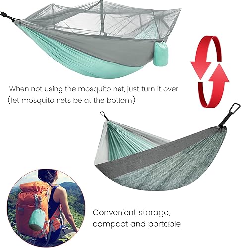 Miniatura 5 de MIFXIN - Hamaca de nailon con mosquitero, toldo de tienda de campaña, correas para árbol, portátil y bolsa de almacenamiento para acampar,