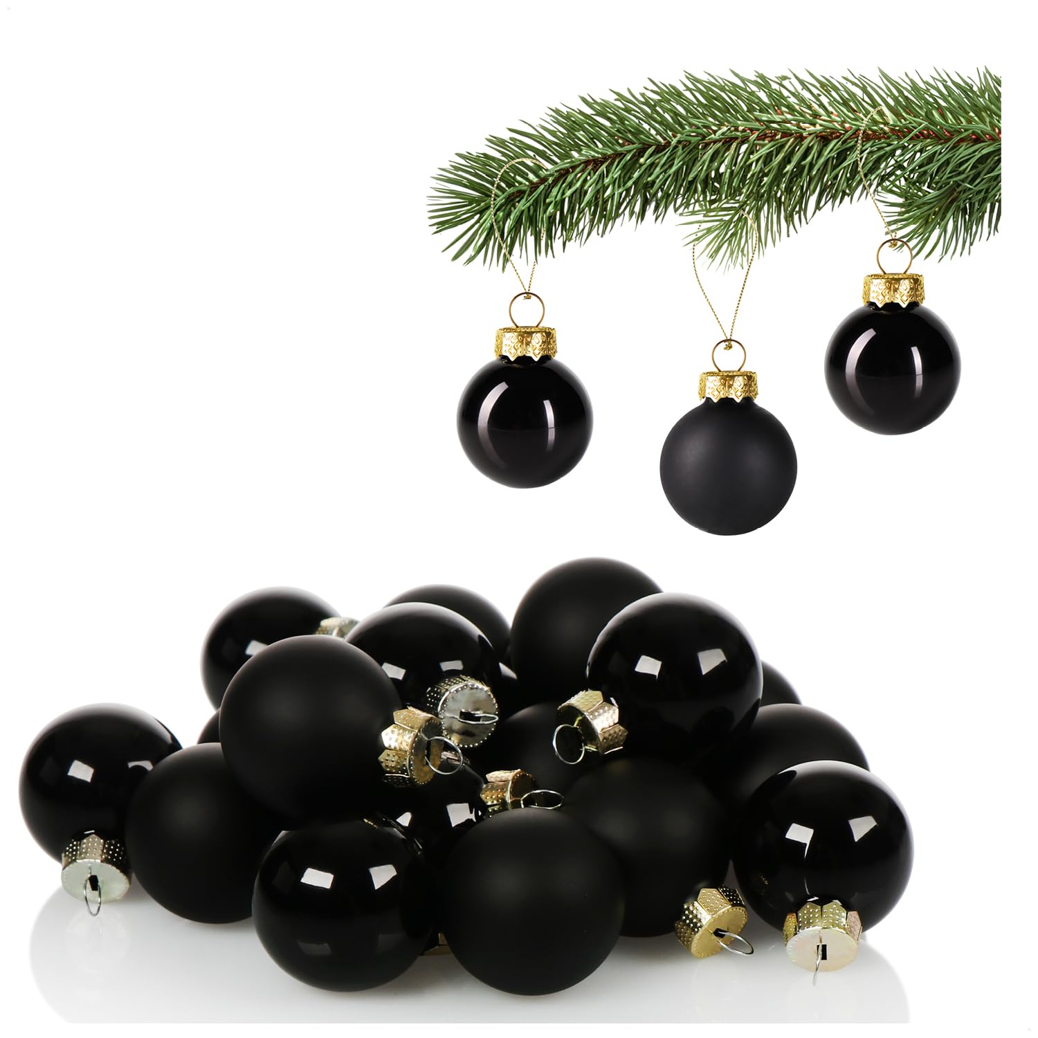 COM-FOUR® 20 x Black Glass Christmas Baubles - 3cm Diameter - Hanging Ornaments for Christmas Tree
