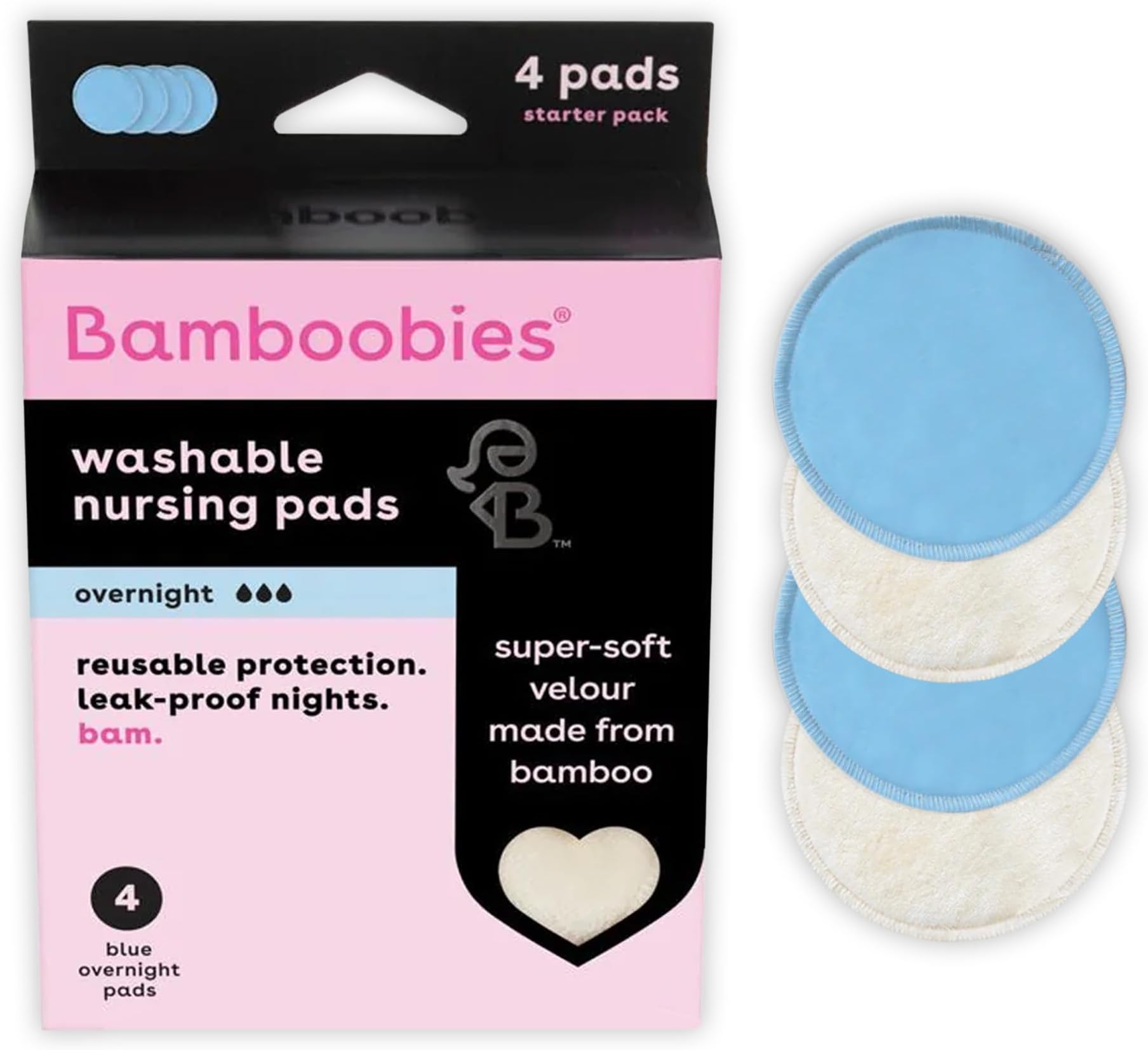 Bamboobies Overnight Nursing Pads, Ultra-Soft Velour, Reusable and Washable for Nightly Use, Leak-Proof Pads for Breastfeeding, 4 Pads