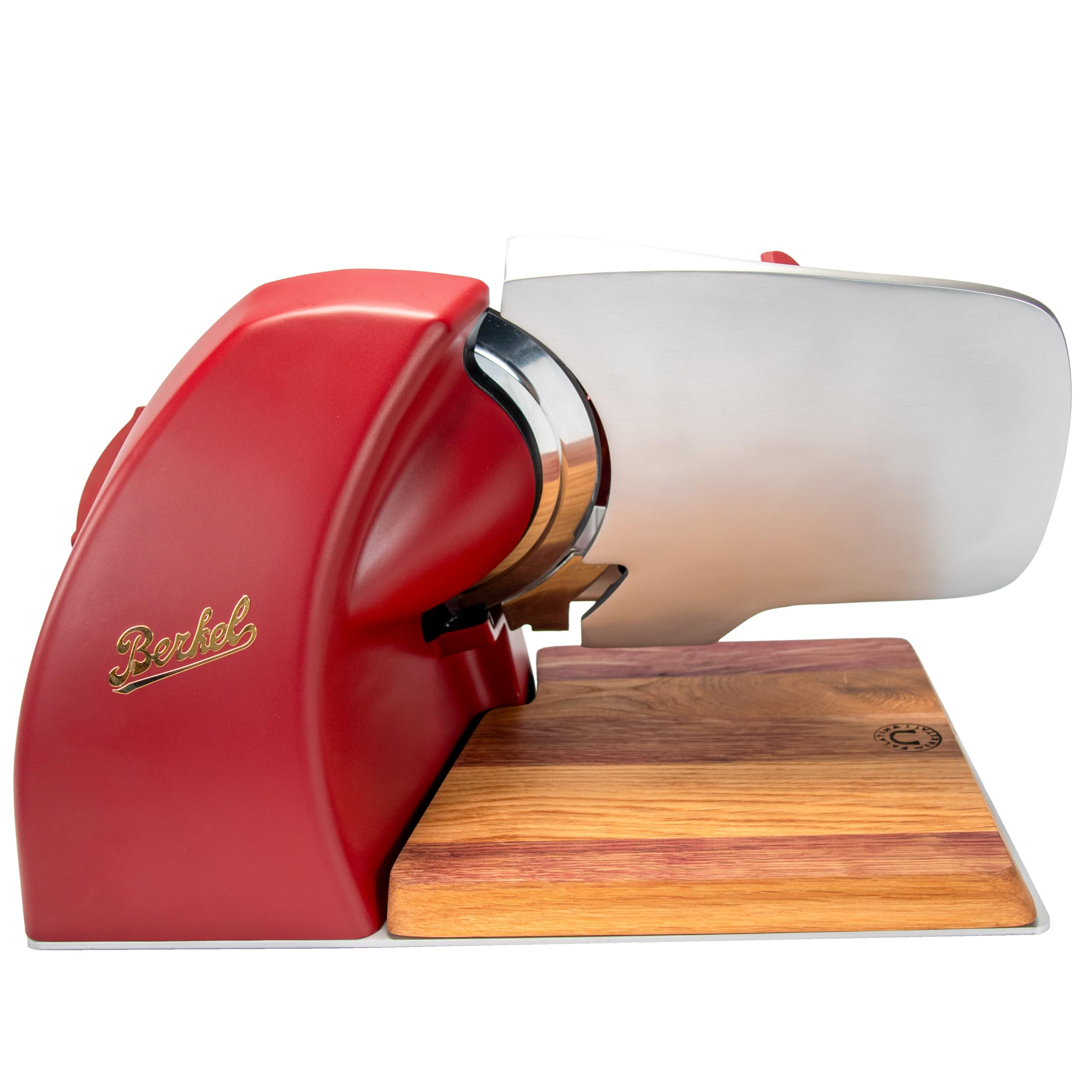 Berkel Home Line 200 Plus Affettatrice - Rosso Opaco - Elettrico & Compatto - Ideale per prosciutto, verdure e formaggi - Affettatrice di design con tagliere in legno di quercia fatto a mano