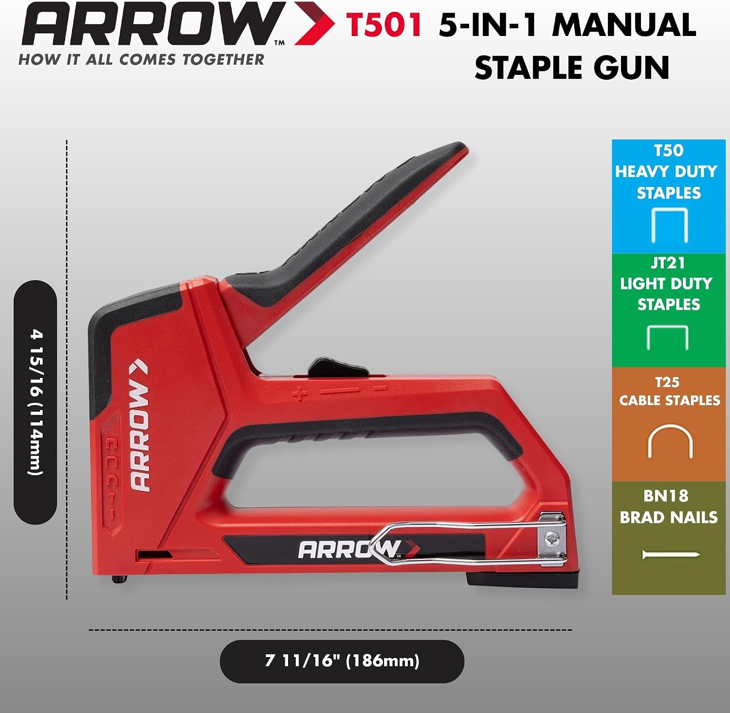 Arrow T501 5-in-1 Manual Staple and Nail Gun, Wire Stapler, and Brad Nailer for Wood, Upholstery, Construction, Insulation, Crafts, Fencing, and Cable, Black/Red image 3
