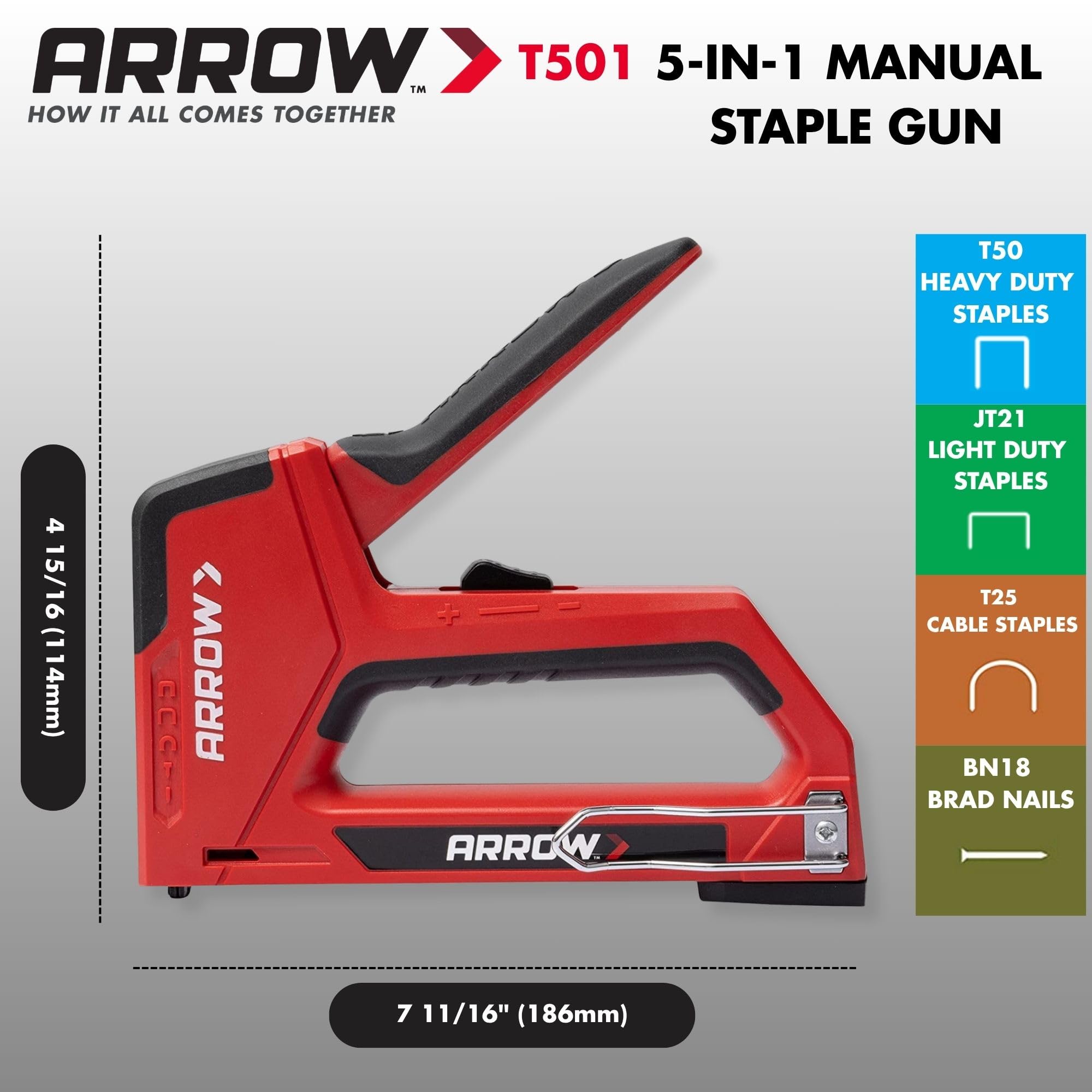 Arrow T501 Manuelle Heft- und Nagelpistole, 5-in-1, Drahthefter und Heftgerät für Holz, Polster, Bau, Isolierung, Handwerk, Zäune und Kabel, Schwarz/Rot