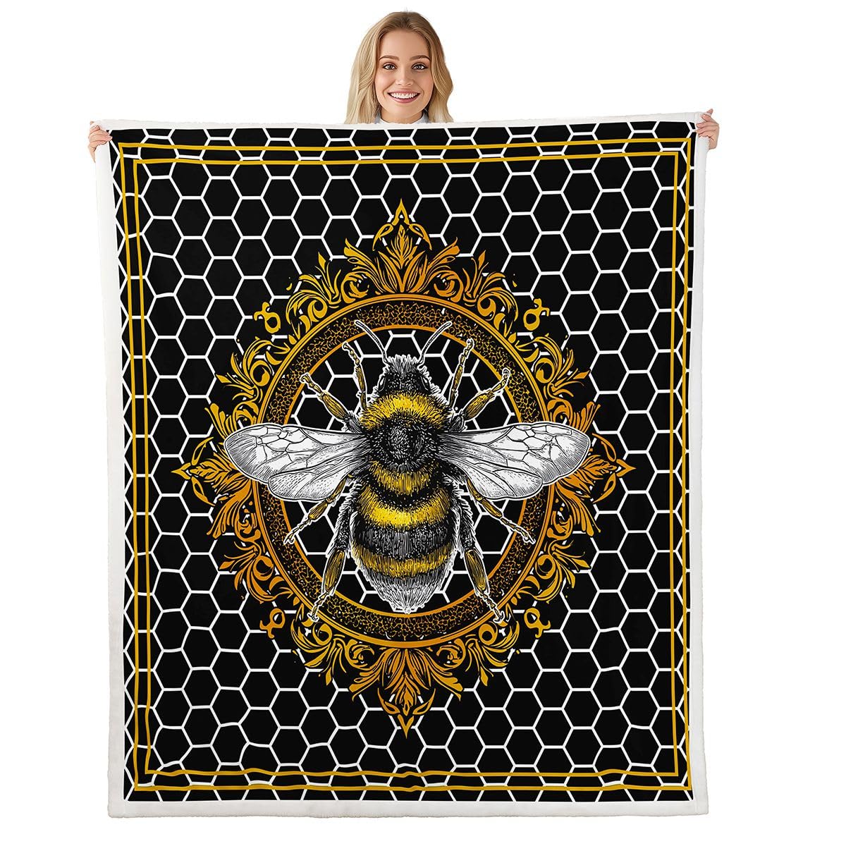 Erosebridal Cute Honey Bee Fleece Throw Size Kawaii Animal Sherpa Blanket Black and White Blanket Geometric Hexagon Honeycomb Throw for Bed Fluffy Microfiber Plush