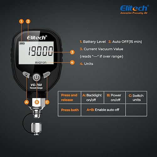 Miniatura 3 de Elitech Medidor de vacío digital HVAC medidor de vacío refrigerante de 0-19000 micras 14 SAE VG-760