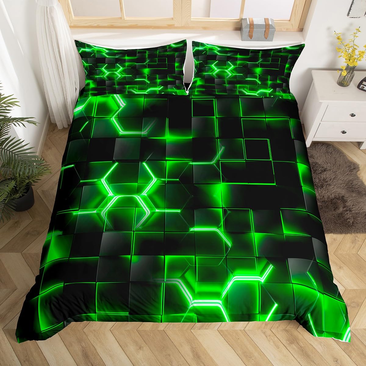 Loussiesd Green and Black Bedding Duvet Cover Set Honeycomb Bedding Set for Kids Boys Girls Hexagon Theme Comforter Cover Set Geometrical Beehive Bedspread Cover No Comforter Single โ image 1