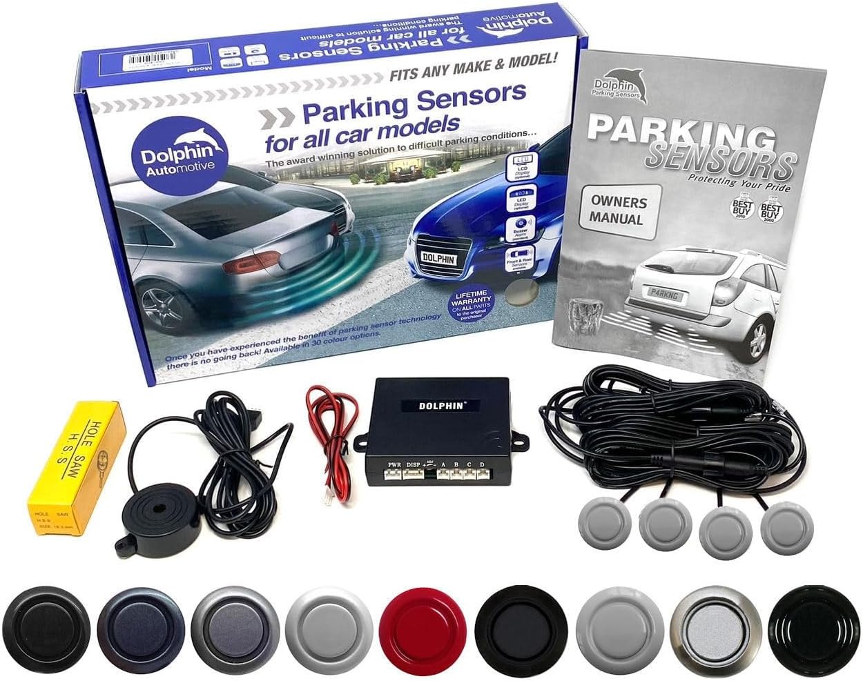 Dolphin Automotive DMS400 Micro Size Reverse Parking Sensors - 4 Rear Sensors With Audio Alerts - Auto Express Award Winning Brand In 9 Colours (White)