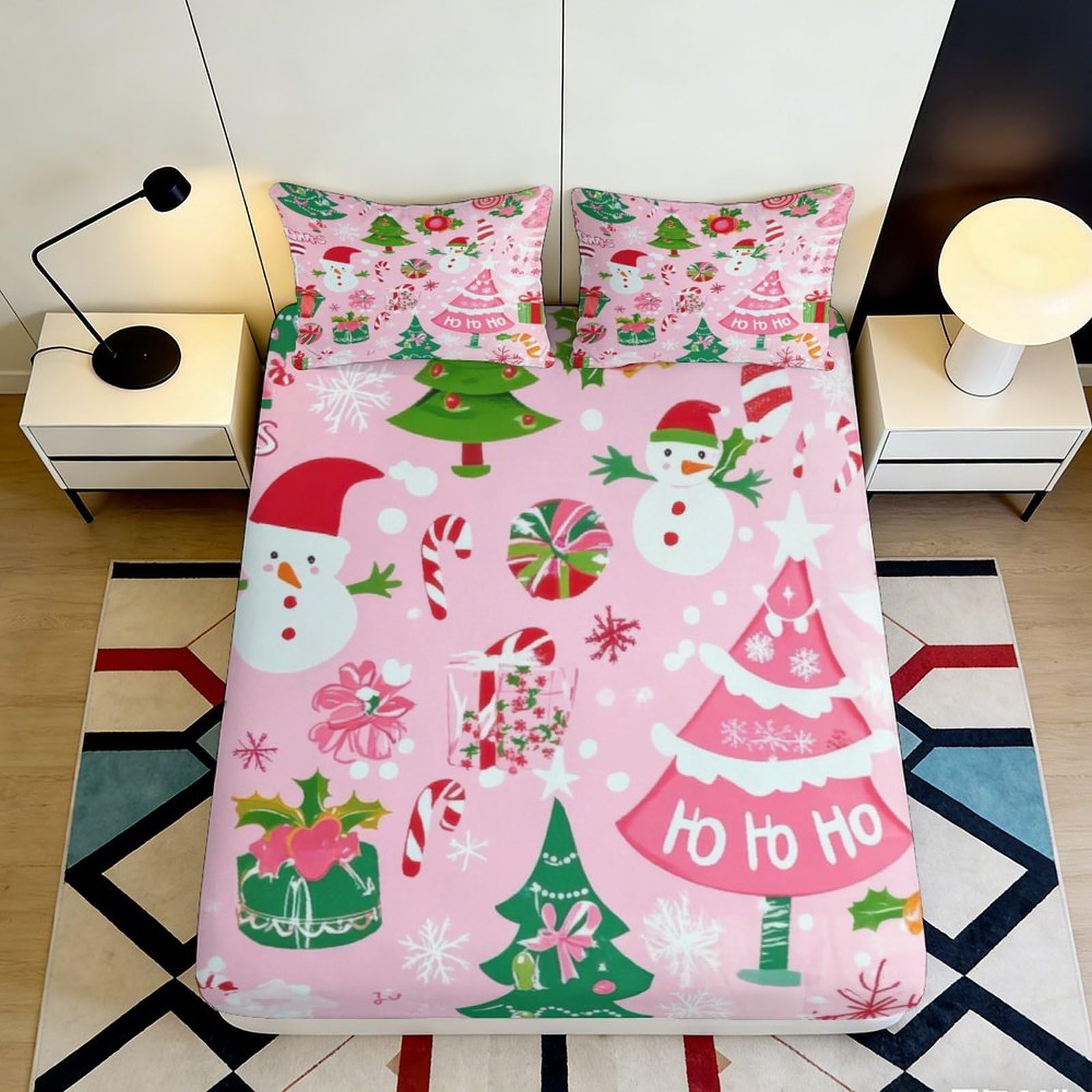 Jqzkxnhpbr Style-2 3D Printed Christmas Tree Fitted Sheet Microfiber Soft Pink Snowman Mattress Cover For Bedroom Guest Room Decor 90X200x25cm