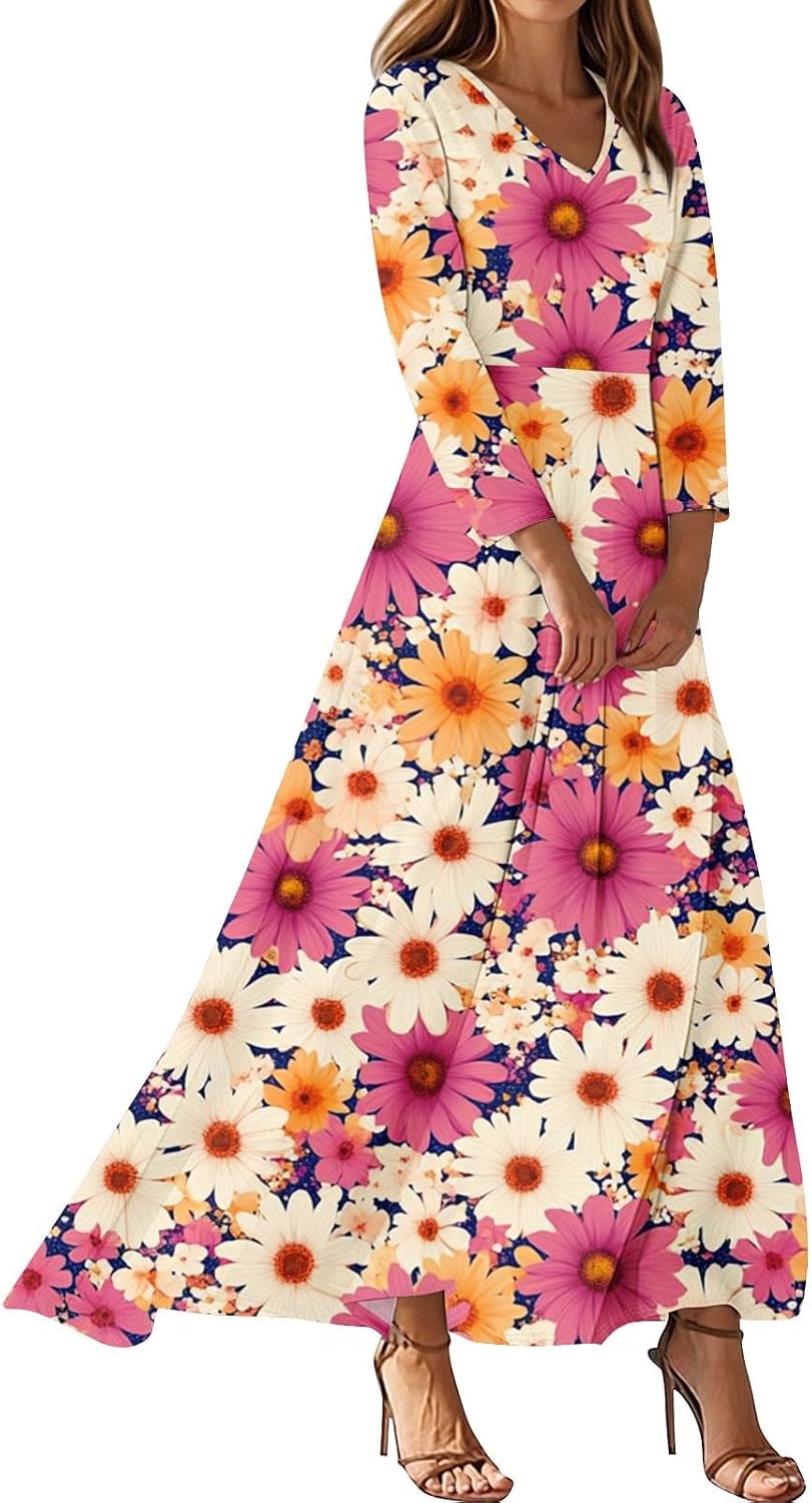 Dresses for Women 2026 Summer V Neck Dresses 3/4 Sleeve Maxi Dress Casual Floral Dress Beach Vacation Sundress
