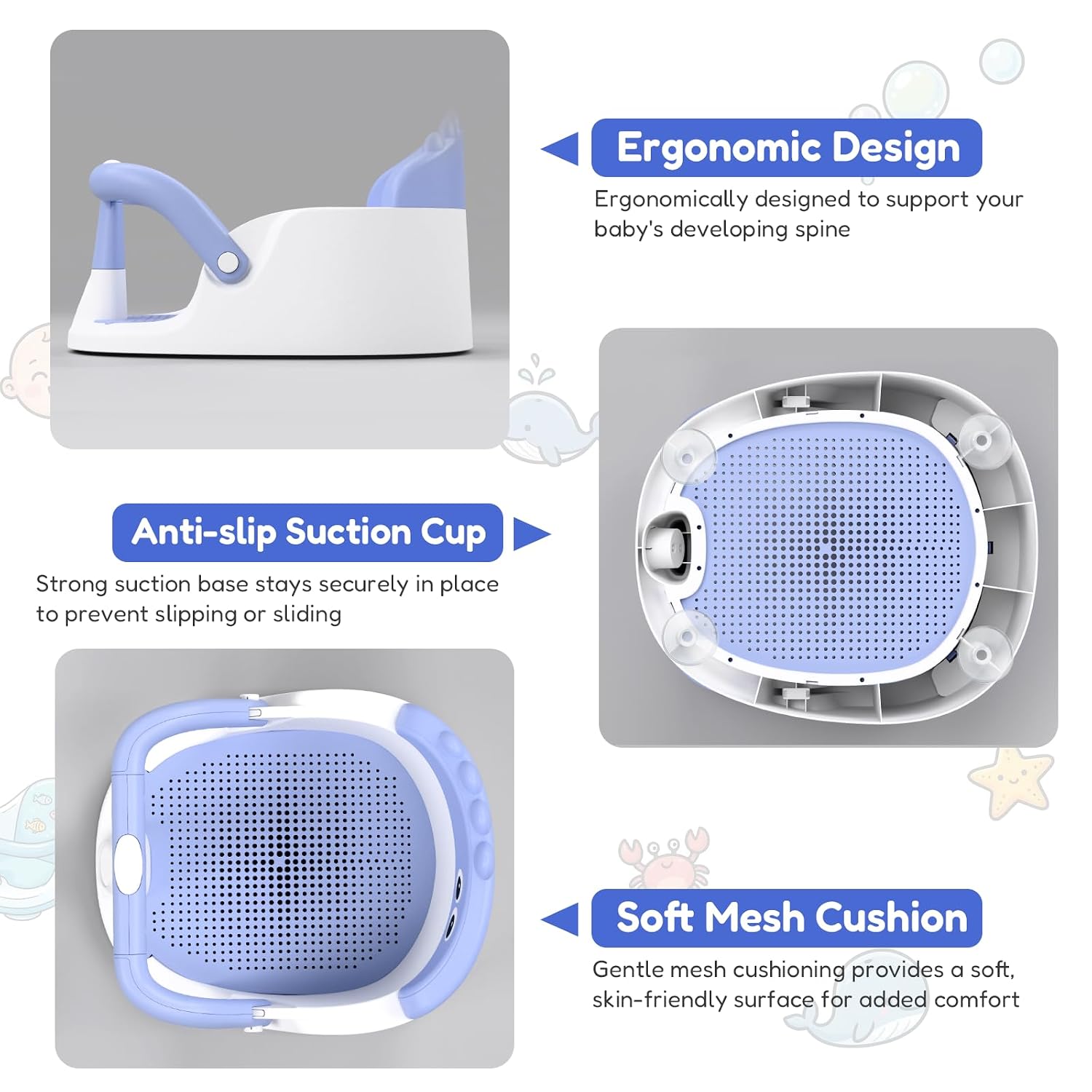 Baby Bath Seat for Babies 6 Months & Up Sitting Up with Suction Cups, Blue