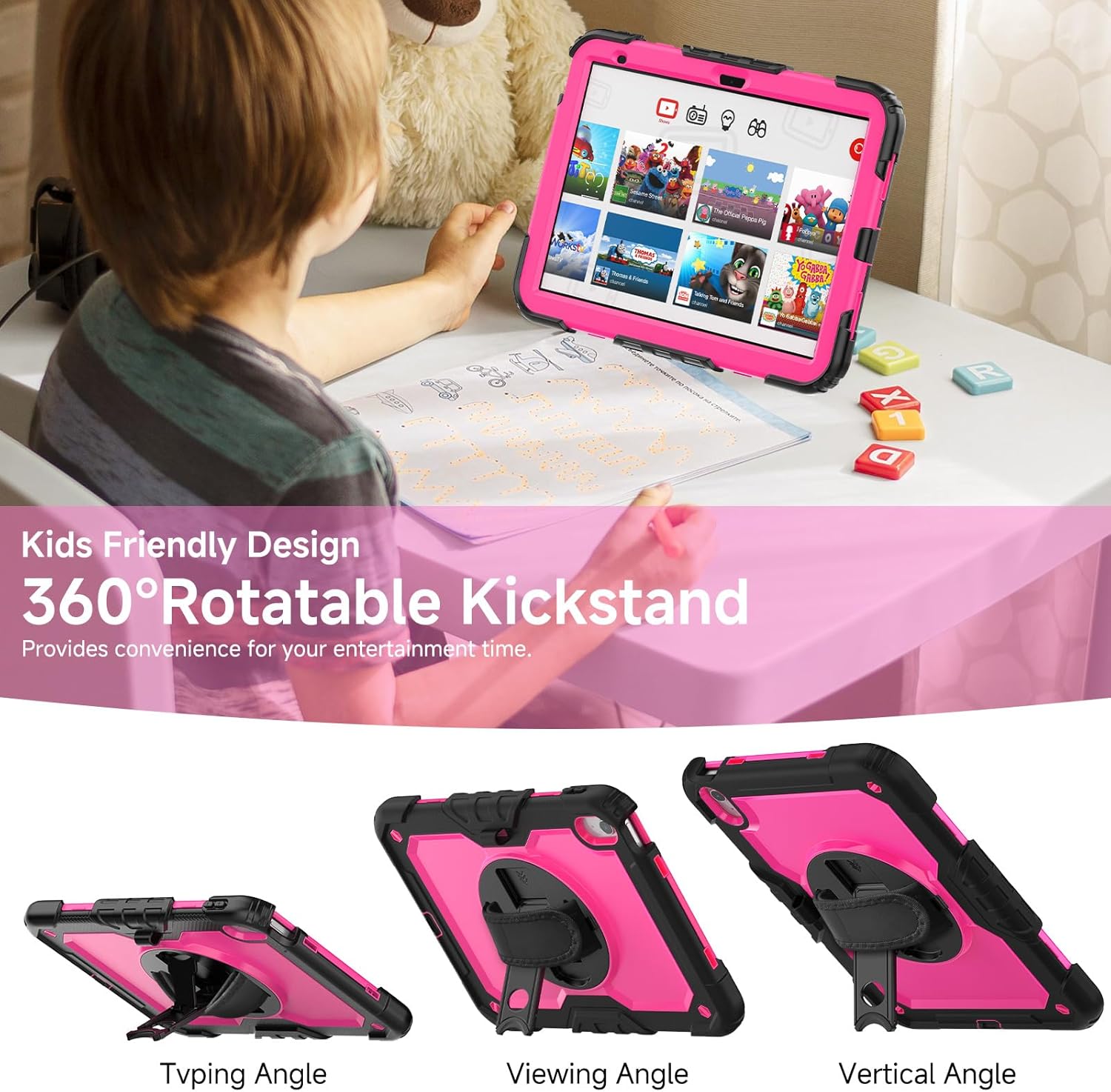 SIBEITU Case for iPad 11th(A16) 2025 & 10th Generation 10.9 inch 2022 with Screen Protector, 3 Layer Shockproof Rugged Protective Case for iPad 11-inch/10th Gen Cover w/Stand & Shoulder Strap, Rose