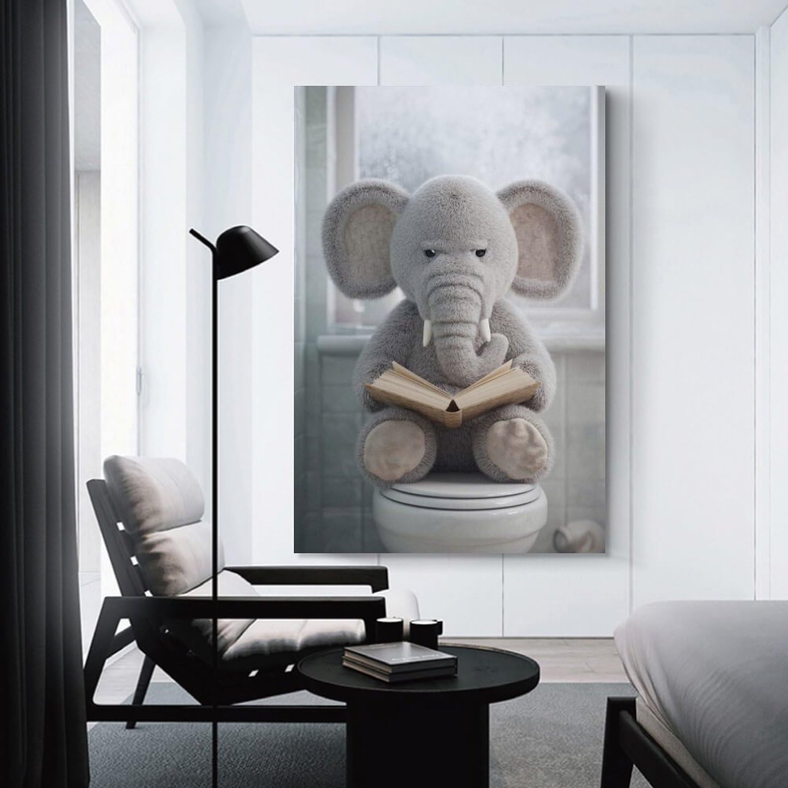 Junmoney Unframe-Style-7 Wall Picture Print Plush Elephant Reading On Toilet, 20X30inch(50X75cm), For Small Homes, Bedrooms Or Open Spaces, An Easy Choice For New Home Styling