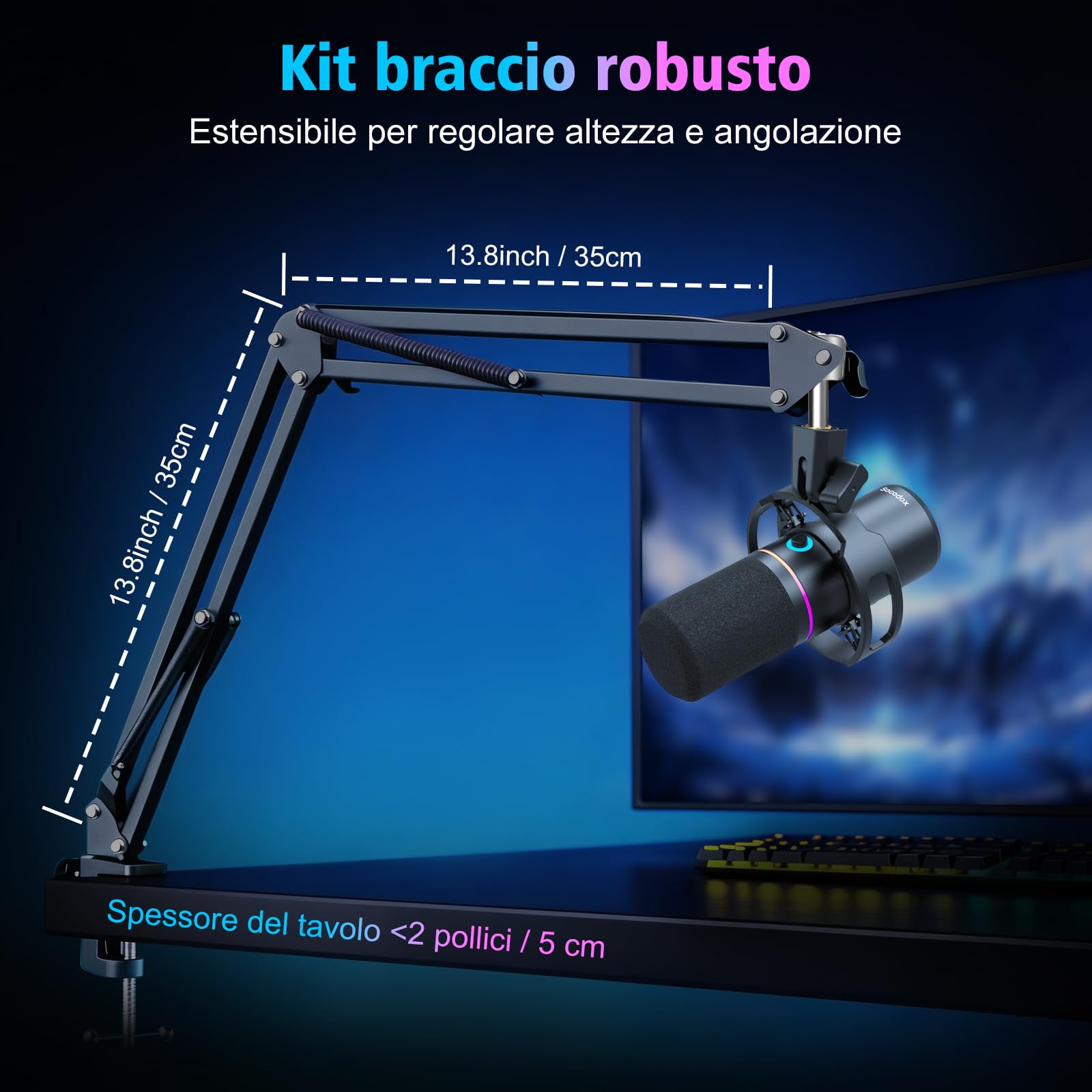 Microfono da Gaming XLR/USB con Braccio Articolato, Microfono Dinamico con Funzione di Silenziamento One-Touch, Controllo del Guadagno,Microfono RGB per Podcast,Streaming,Registrazione e Voce