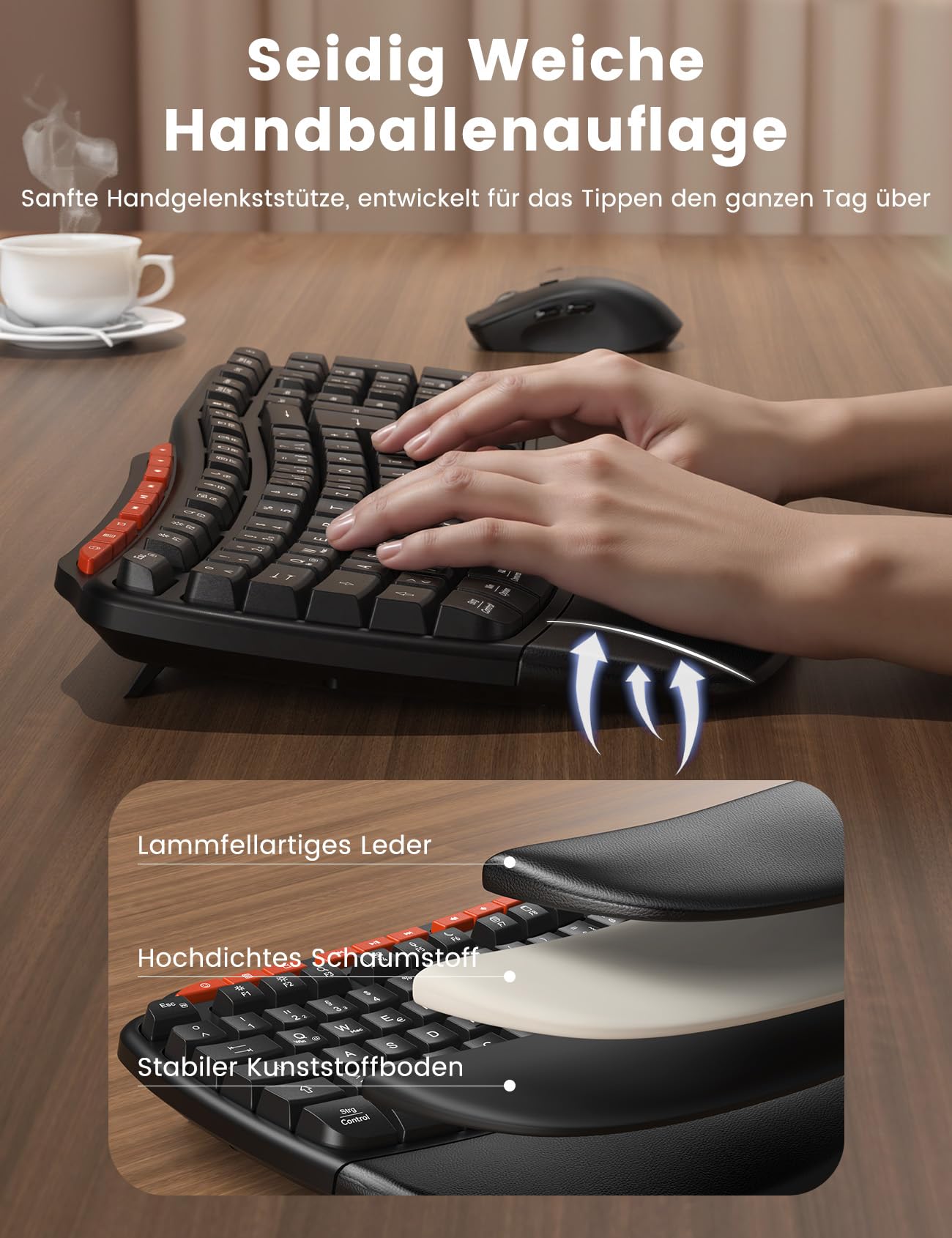 Tastatur Maus Set Kabellos, 2,4GHz Wave Tasten in Voller Größe, Ergonomische Tastatur mit Gepolsterte Handballenauflage und 4 Neigungswinkel, 3 DPI Maus für Windows/Mac OS/Desktop/Laptop/PC - MA31