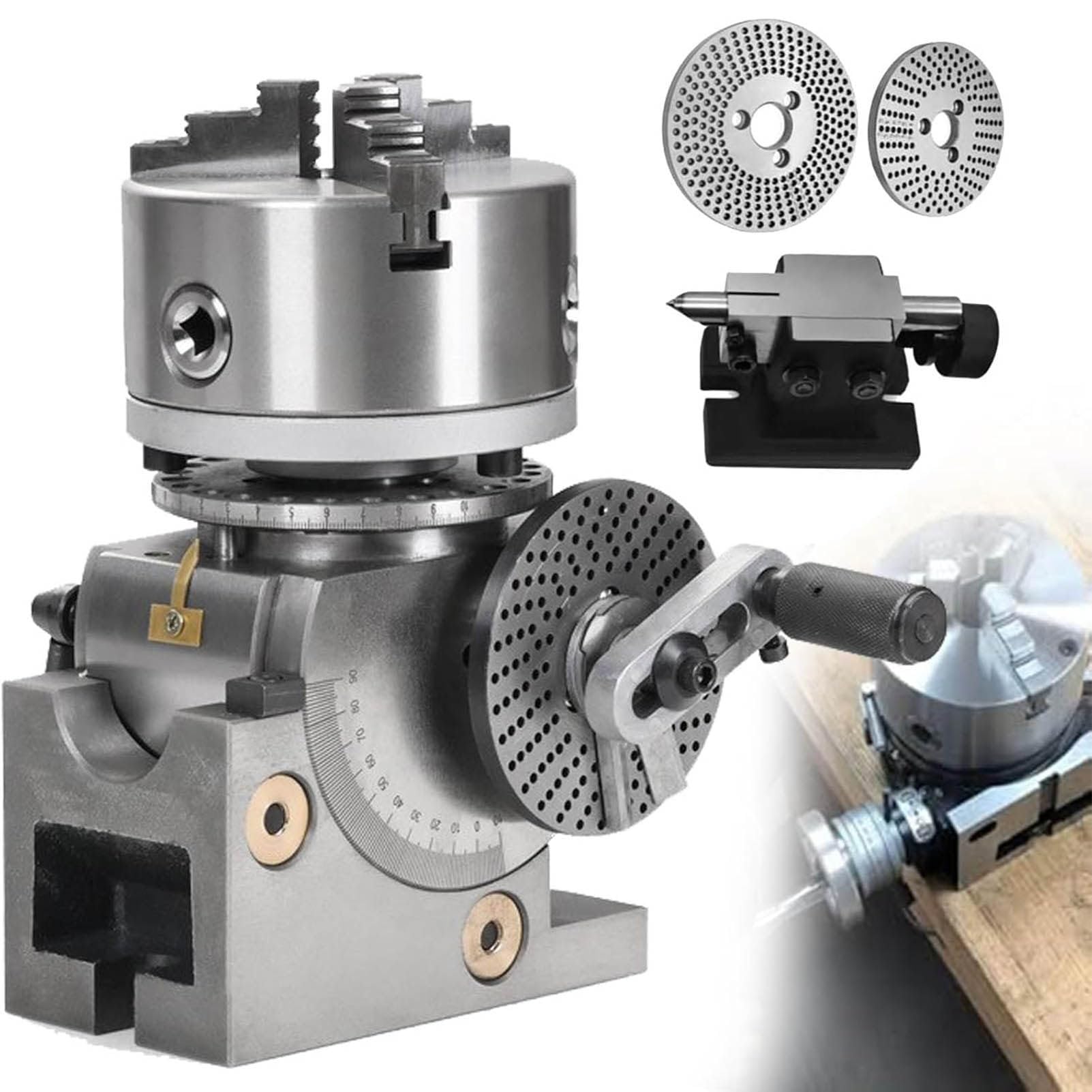 LJLYYDS 3 Jaw Chuck Dividing Head, Heavy Duty Semi-Universal Milling Set with MT2 Tailstock and Dividing Plates, 1:40 Indexing Ratio for Rotary Table & CNC Mill 4inch