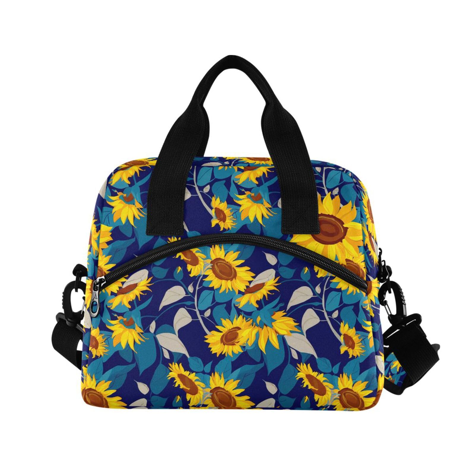 Insulated Lunch Bag Reusable Cooler Sunflower Floral Blue Lunch Box Adjustable Shoulder Strap for Adults Men Women