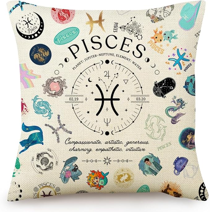 Pisces Zodiac Pillow Cover 18x18, Mystical Astrology Throw Pillow Case for Women, Birthday Gifts for Pisces Women & Girls, Fish Constellation Home Decor