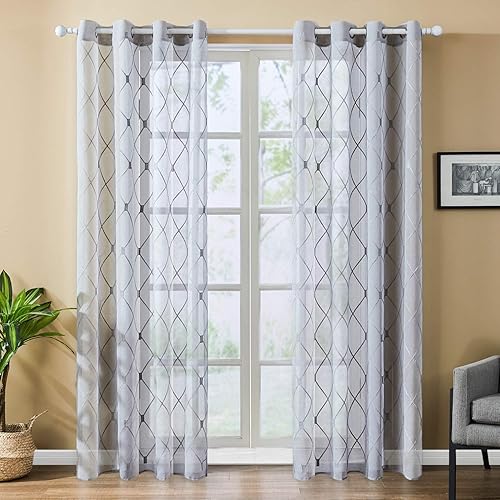 Top Finel Cortinas color verde salvia para dormitorio y sala de estar, paneles de gasa bordados con diamantes transparentes con ojales para