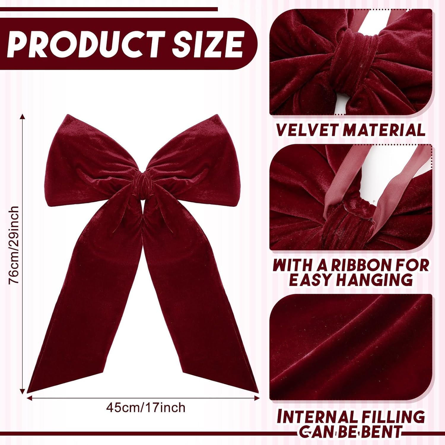 HunnmingRe 20 x 30 Inches Christmas Large Velvet Bows Christmas Tree Topper Decor Giant Xmas Tree Toppers Bows for Home Wreath Wall Backdrop Birthday Wedding Party Decorations(Burgundy,1 Pcs)