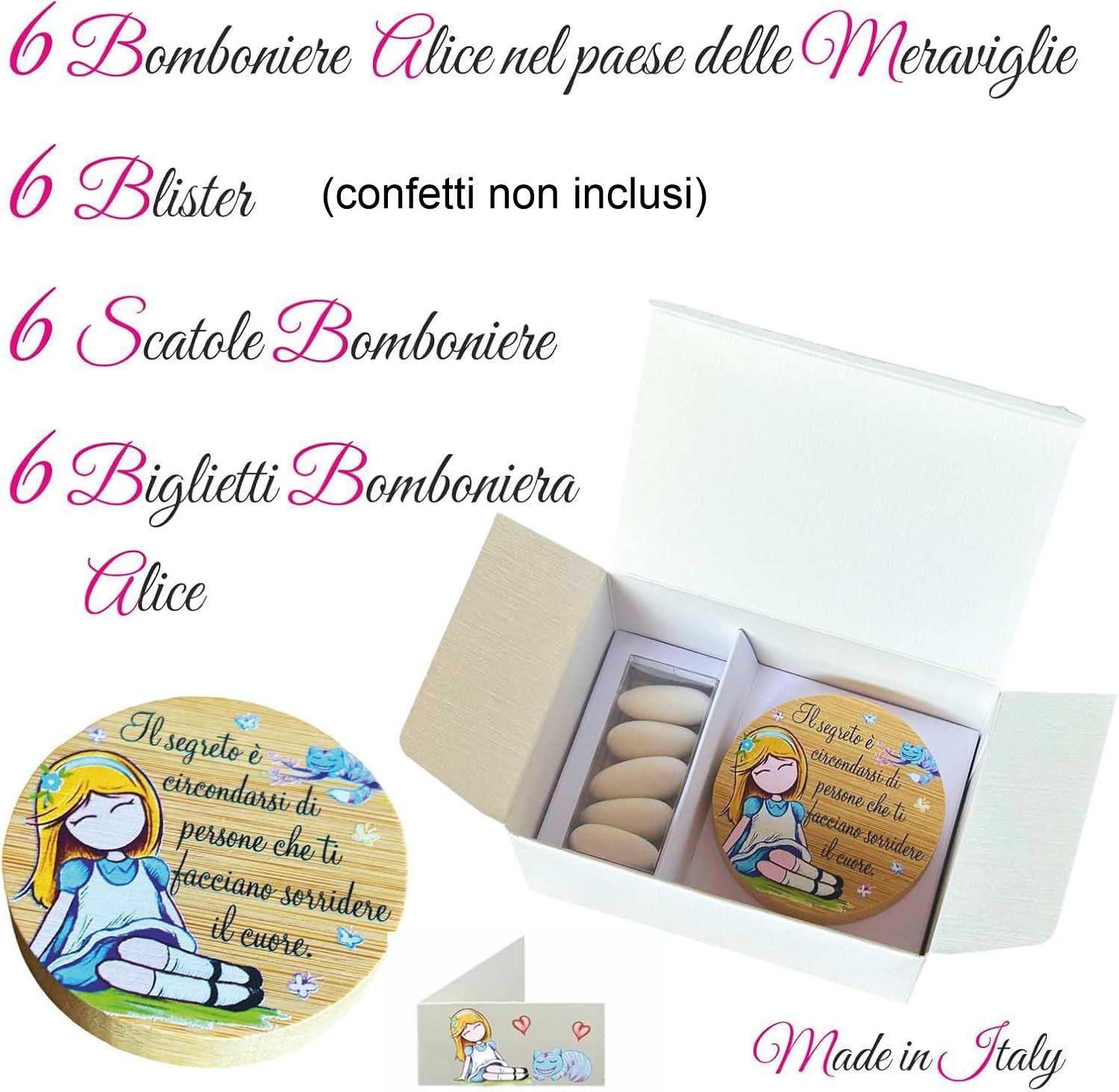 Regalami Set 6 Bomboniere Stappa Bottiglie Magnetico in Legno Confezione Completa con Scatola, Confetti e Biglietto (Alice)