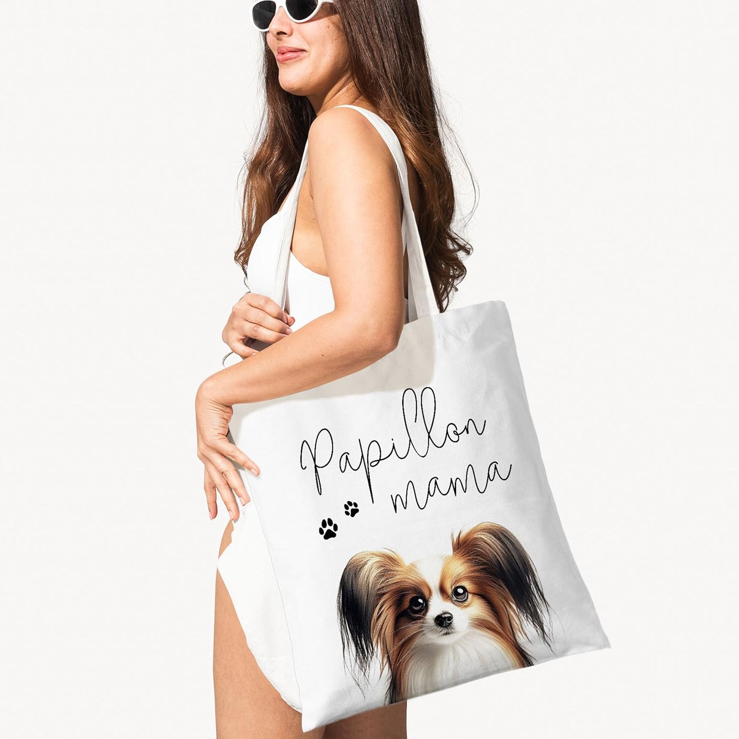 Papillon Mama Canvas Tote Bag for Women, Dogs Lover Gift for Dog Mom, Birthday Christmas Cute Papillon Gifts For Women, Tote Bag for Work College Travel. (090) - Image 2
