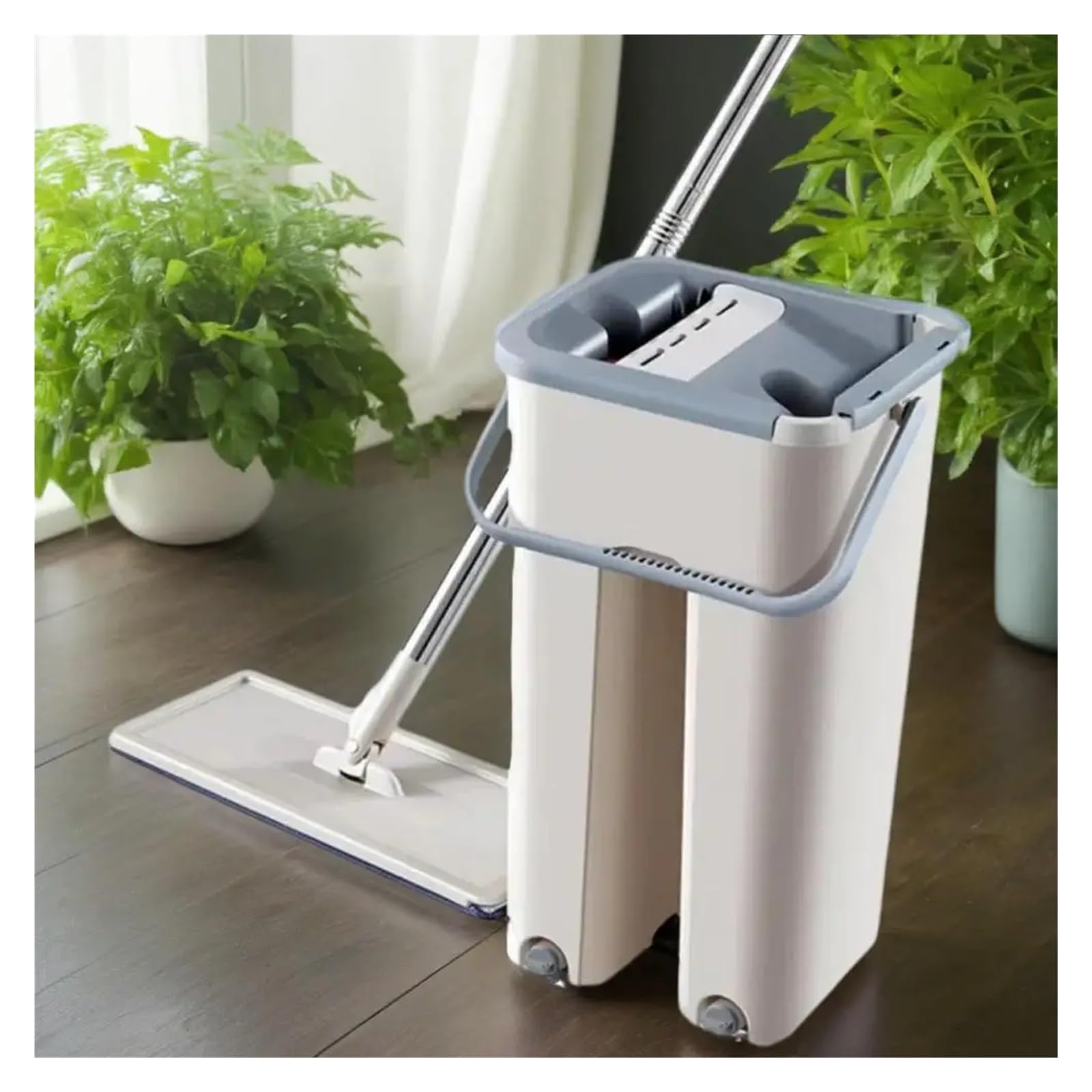 Trapeador Plano con Cubo y Cabezal de Fibra Ultrafina reemplazable for Limpieza de Pisos, cocinas, inodoros y Ventanas.(White)