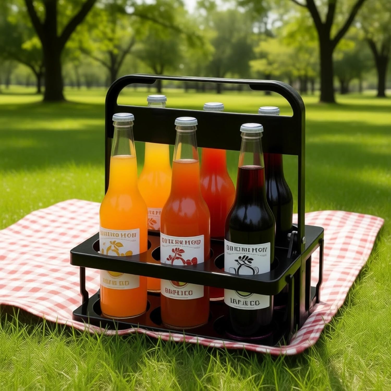 6 Cup Beverage Holder, Black Drink Carrier With Handle, Foldable Portable, Sturdy Plastic Construction, 3.5 In Holes, For Easy Cleaning And Travel