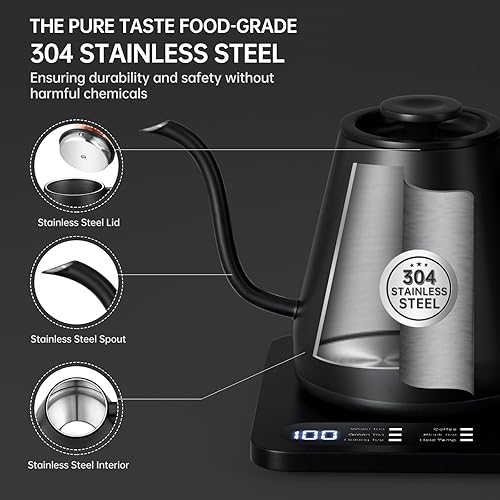 Miniatura 4 de Tisanio Hervidor eléctrico de cuello de cisne con control de temperatura, calentamiento rápido de 1200 vatios y mantiene el calor 2 horas, vierte