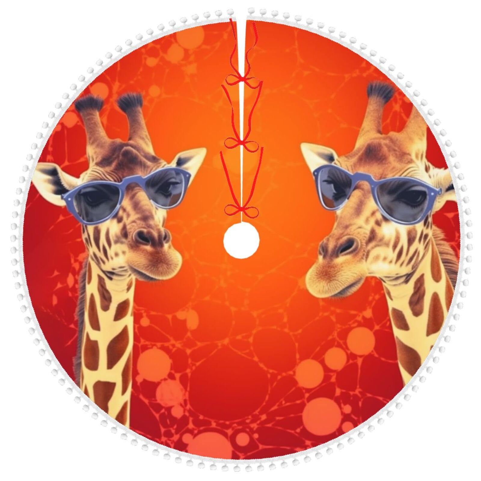 Jupe de sapin de Noël girafe à lunettes 121cm tapis rustique pompons