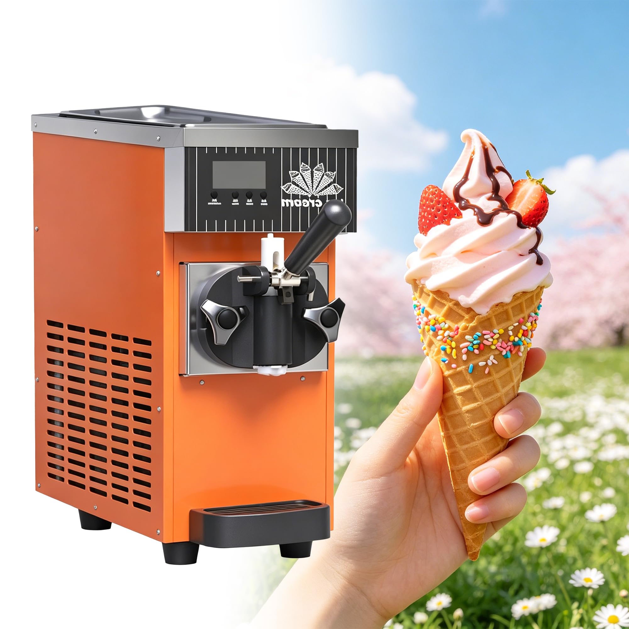 Máquina De Helados Profesional - Soft Serve - Heladera Soft Serve con Compresor Autorefrigerante, con Panel LCD, Limpieza Automática Y Cubeta De 1L, Producción 4-5 Kg/H