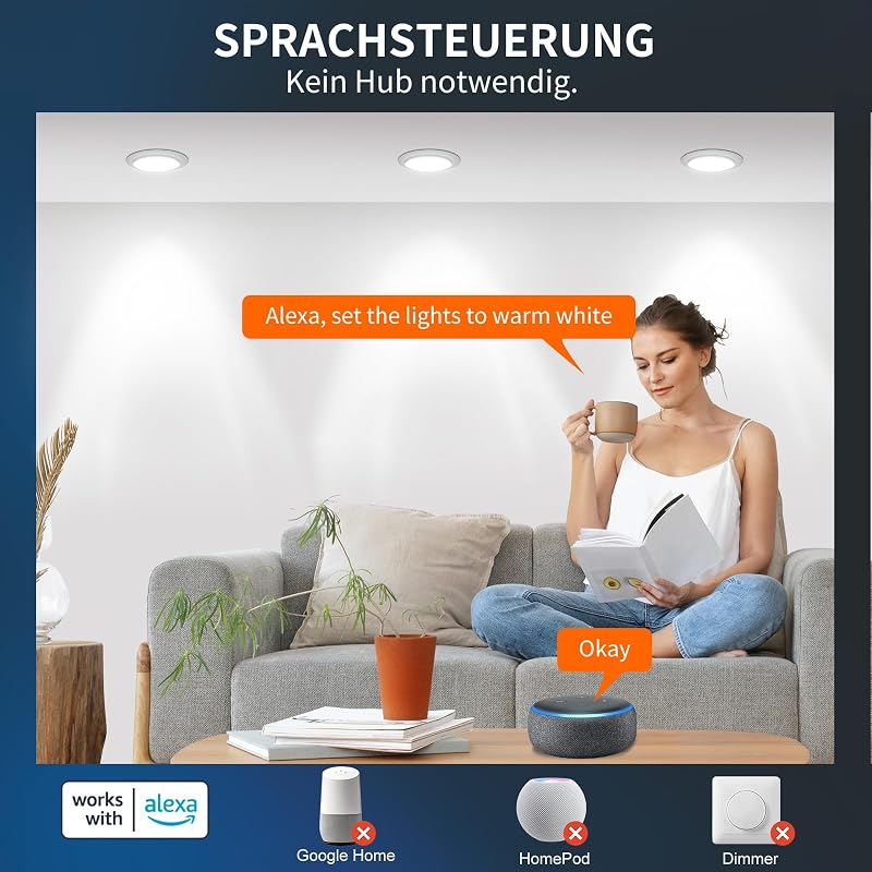DUSKTEC LED Beépíthető Spotlámpa Alexa Vezérléshez, 7W Okos Mennyezeti Lámpa, APP és Hangvezérlés, Meleg-Nappali Fény, 6 db