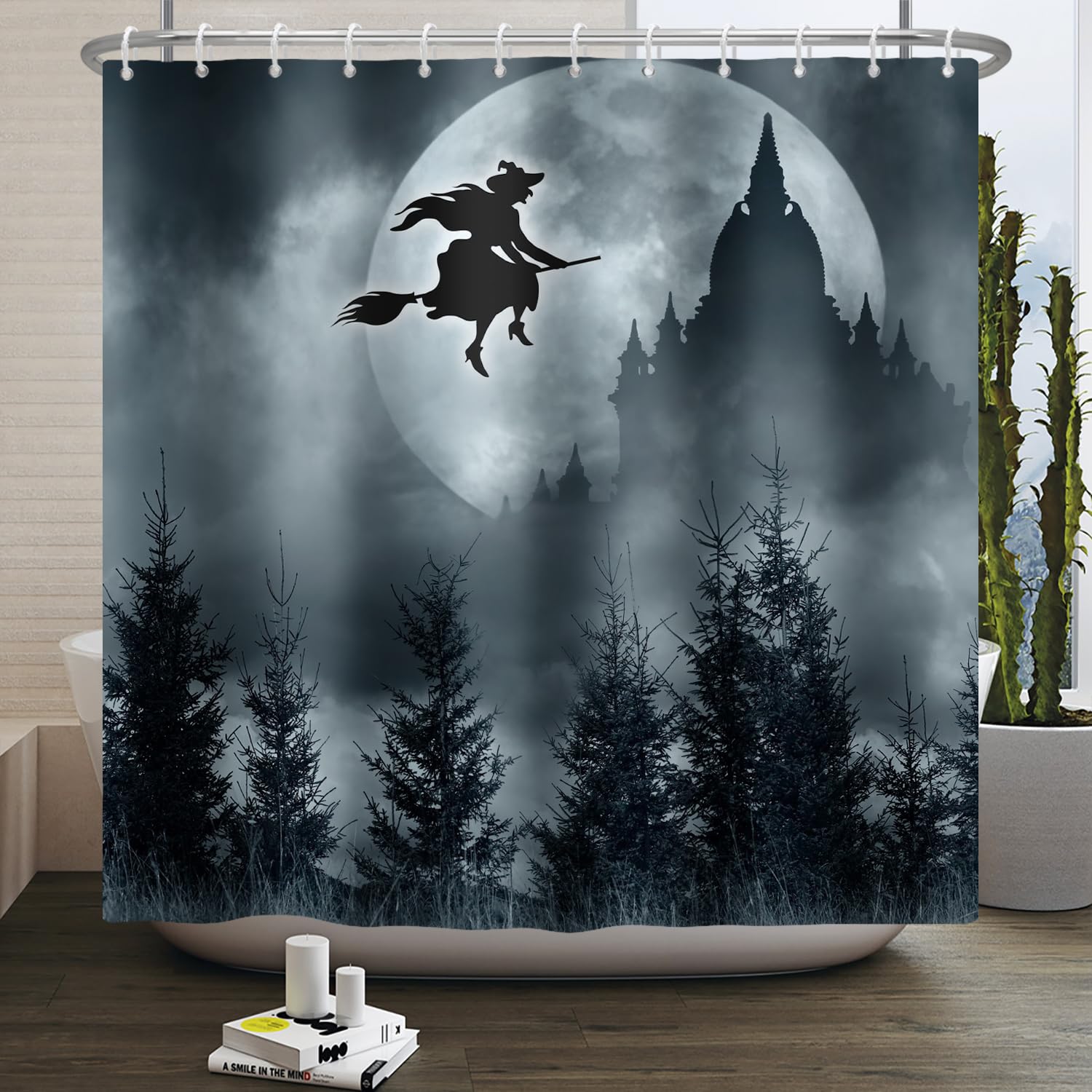 SDOTPMT 120x180cm Halloween Themed Shower Curtain Scary Night Moon Castle Witch Mysterious Ghost Forest Bath Curtain Autumn Season Bathtub Curtain for Bathroom Decor Polyester with Hooks