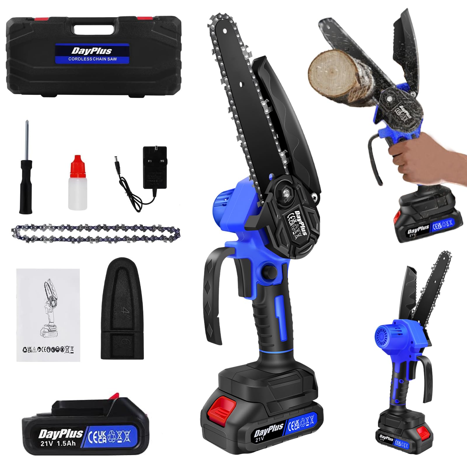Mini Chainsaw Cordless 6-Inch Handheld Small Chain Saw with Battery and Charger, 21V Battery Powered Chainsaw with Safety Lock, Lightweight Handheld Small Garden Chain Saw for Tree Branch Wood Cutting