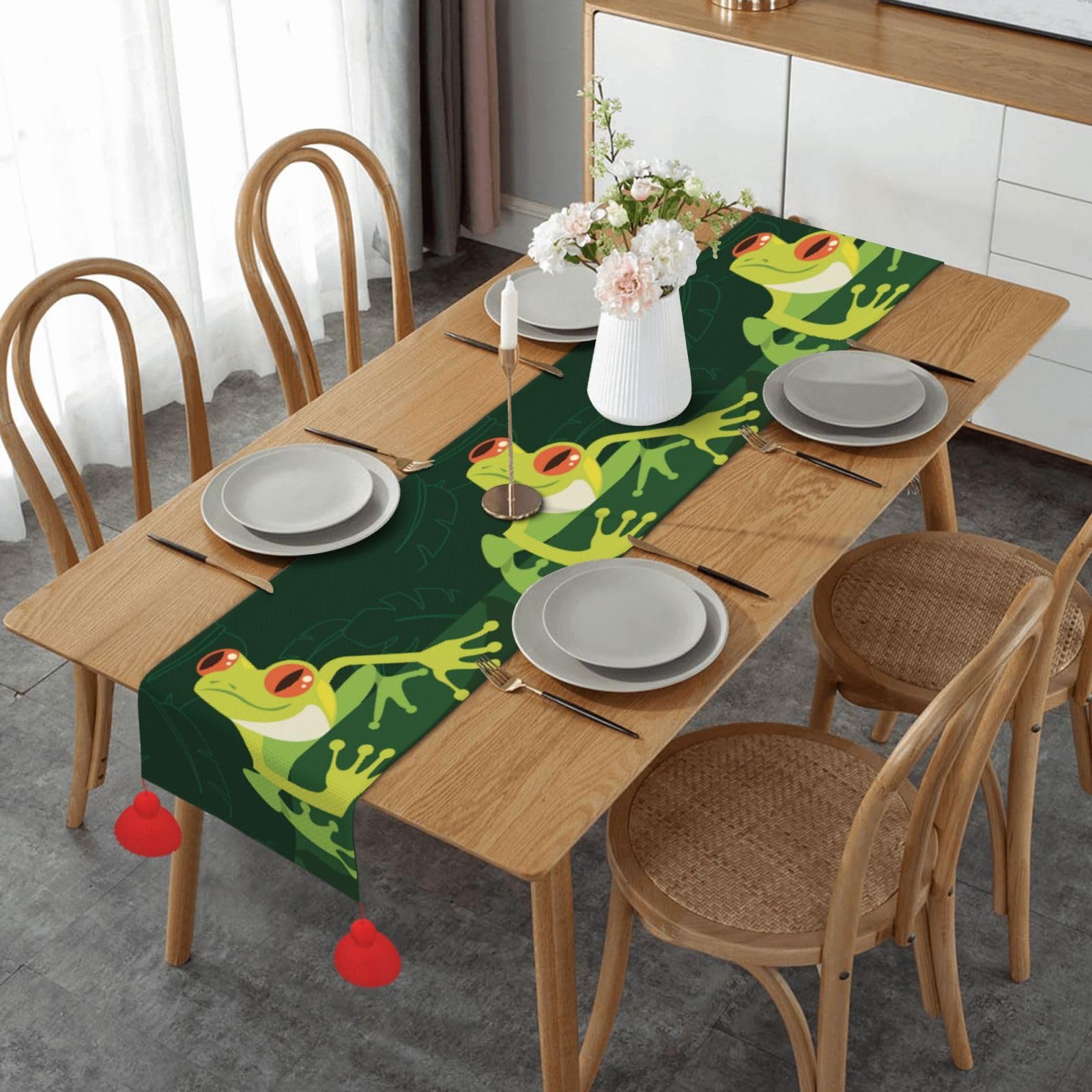 Chemin de table de Noël haut de gamme à pompons décor grenouille palmier