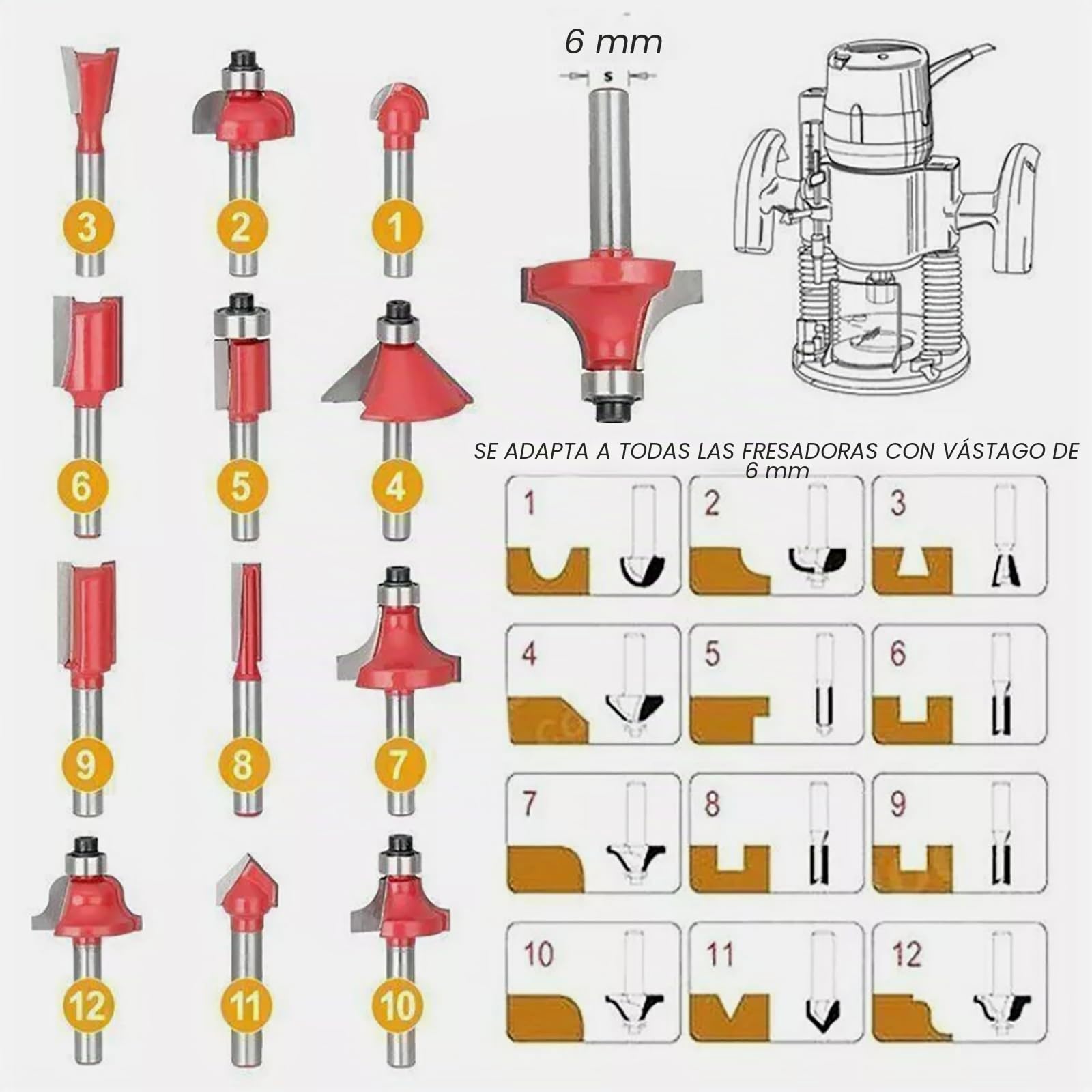 Juego de 12 fresas para fresadora de 6 mm, mango de 6 mm, fresa de ranura, fresa de perfil, fresa superior, juego con maletín de madera para trabajar la madera (rojo)