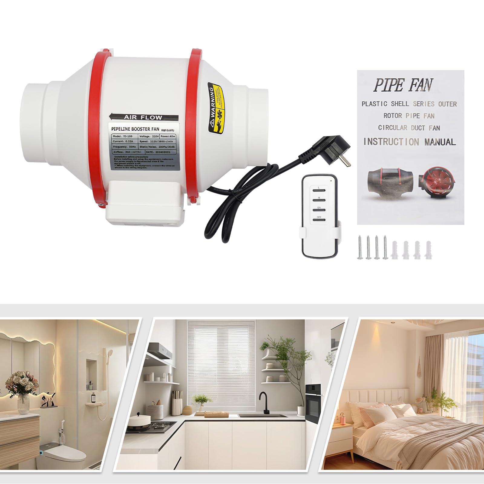 Ventilador Tubular Ajustable Extractor de Air, 100 mm, Ventilador de extracción 310 m³/h 2220 rpm / 2600 rpm, para baño, inodoro, cocina, invernadero, garaje, blanco