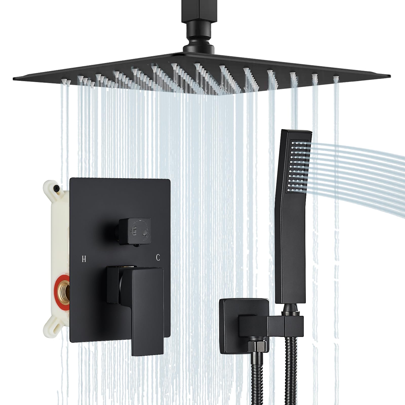 Shower Faucet Set Matte Balck Rain Shower System with High Pressure 12 Inches Rain Shower Head and Handheld Spray Bathroom Luxury Rain Mixer Shower Complete Combo Set Ceiling Mounted