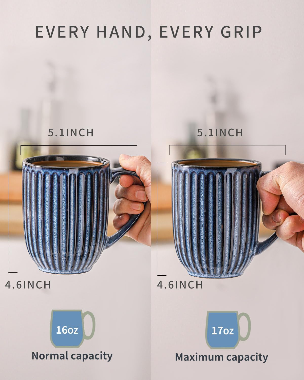 HASENSE 16 oz Ceramic Coffee Mugs Set of 4, Ribbed Navy Blue Coffee & Tea Cups, Dishwasher & Microwave Safe, Ideal for Housewarming & Wedding Gifts