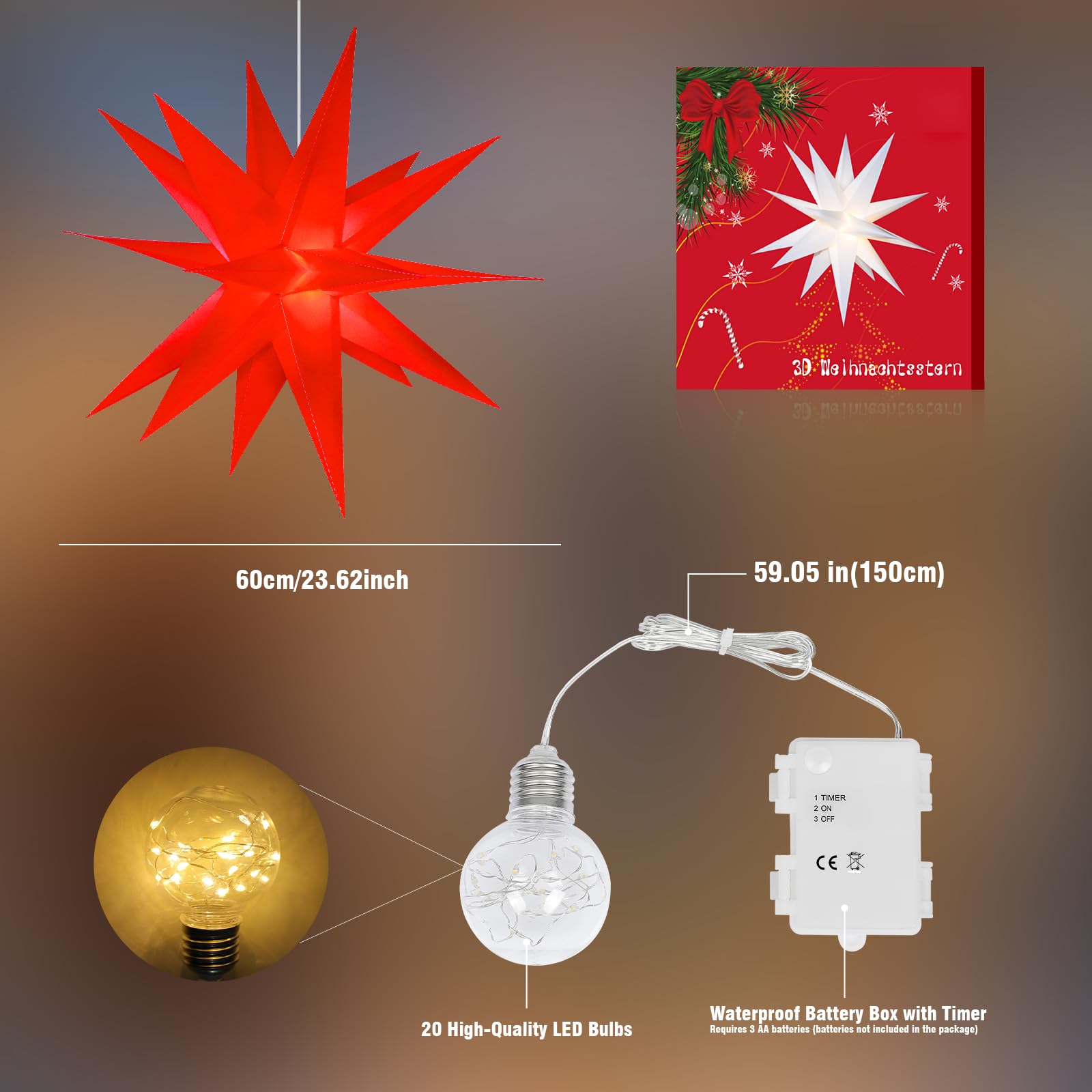 Sky angle Estrella de Navidad 3D iluminada con batería con temporizador para ventanas, 60 cm, estrella luminosa para decorar el árbol de Navidad, estrella de Navidad LED roja para patio, balcón y