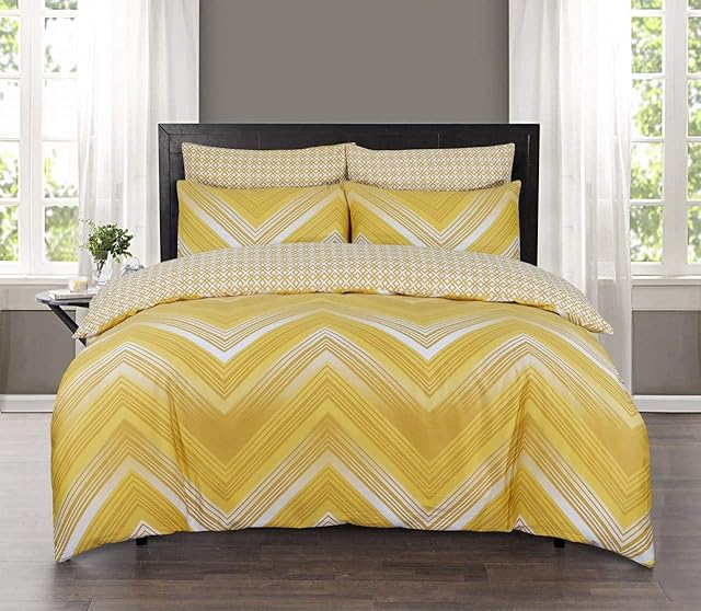 Indus Textiles Duvet Cover Set 100% Egyptian Cotton Sateen Hotel Quality 220 Thread Count Reversible Printed Pattern Quilt Cover Set With Pillow Cases (Chevron Mustard, Super King)