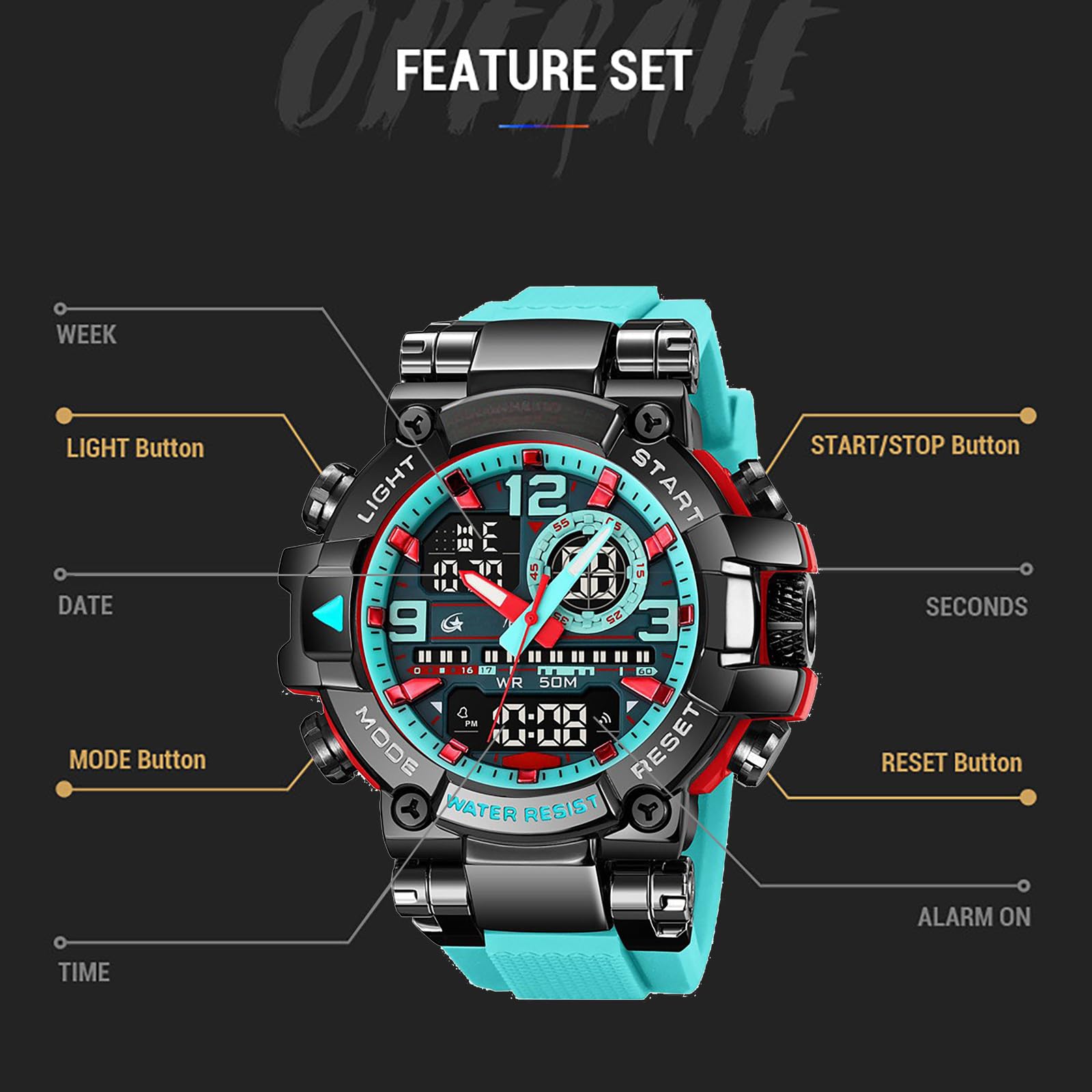 findtime Grande montre numérique de sport pour homme, étanche, robuste, pour homme, garçon, adolescent, montre de sport LED, alarme, double fuseau horaire