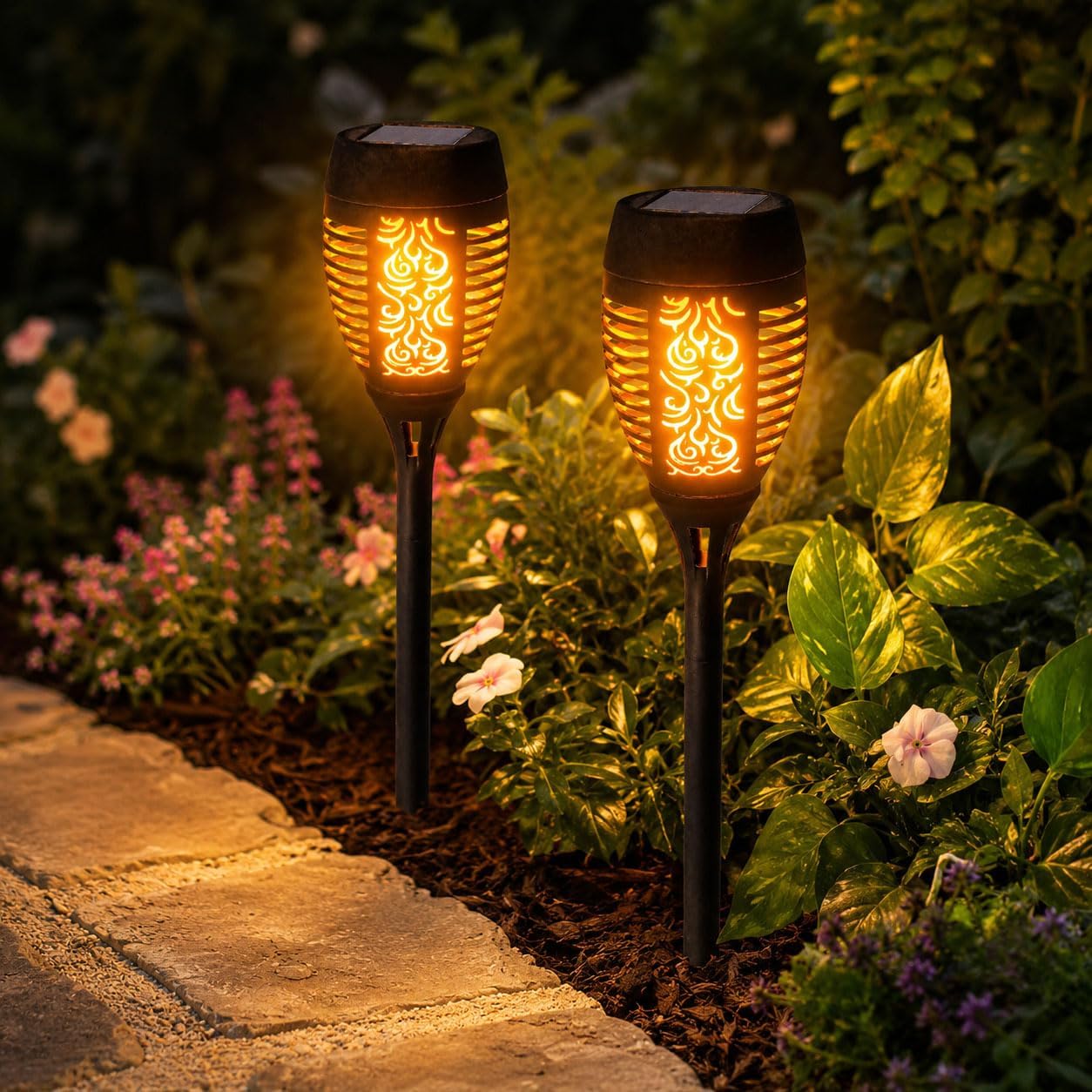 2 Pack 36 LED Solar Torch Light Lantern Dancing Flickering Flame Effect Stake Stick Light Waterproof Outdoor Garden Landscape Path Lamp, Black