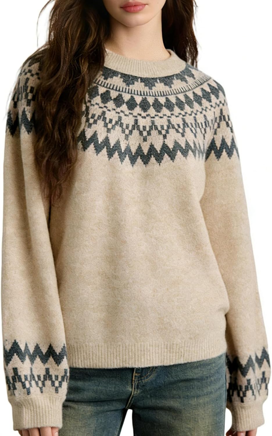 Womens Fair Isle Sweaters 2026 Vintage Sweater Colorful Crew Neck Long Sleeve Pullover Jumper Tops