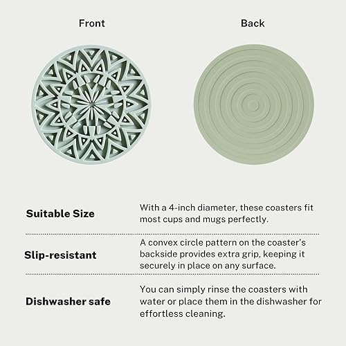 Miniatura 3 de Juego de 6 posavasos de silicona verde salvia con soporte, posavasos con forma de patrón tribal, para protección de mesa, antideslizantes,