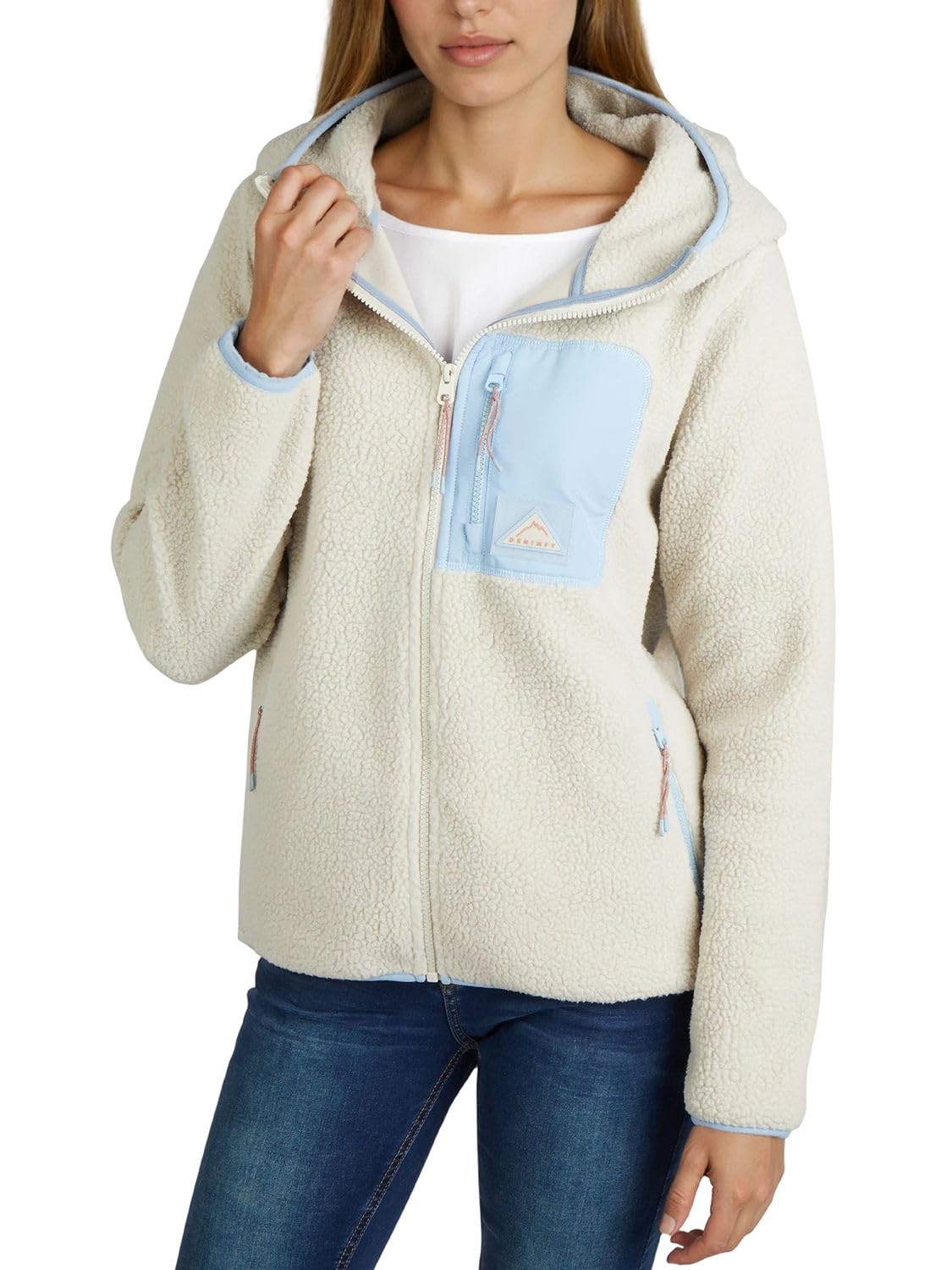 DENIMFY Fleecejacke Damen Regular Fit DFLea Teddyfleece Kapuzenjacke | Winterjacke Übergangsjacke Stehkragen Navy Blau Beige Grün S M L XL XXL 3XL